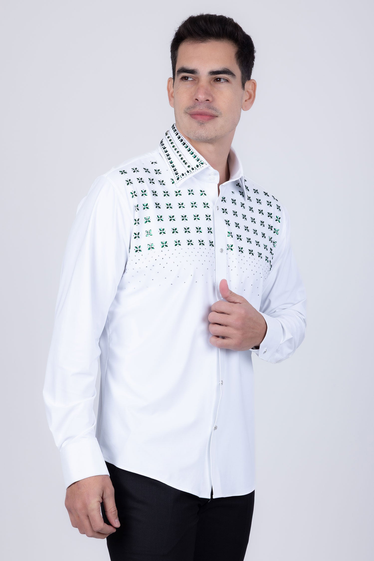 Barabas Men's Rhinestones Button Down Long Sleeve Shirts 4BR412 White Green