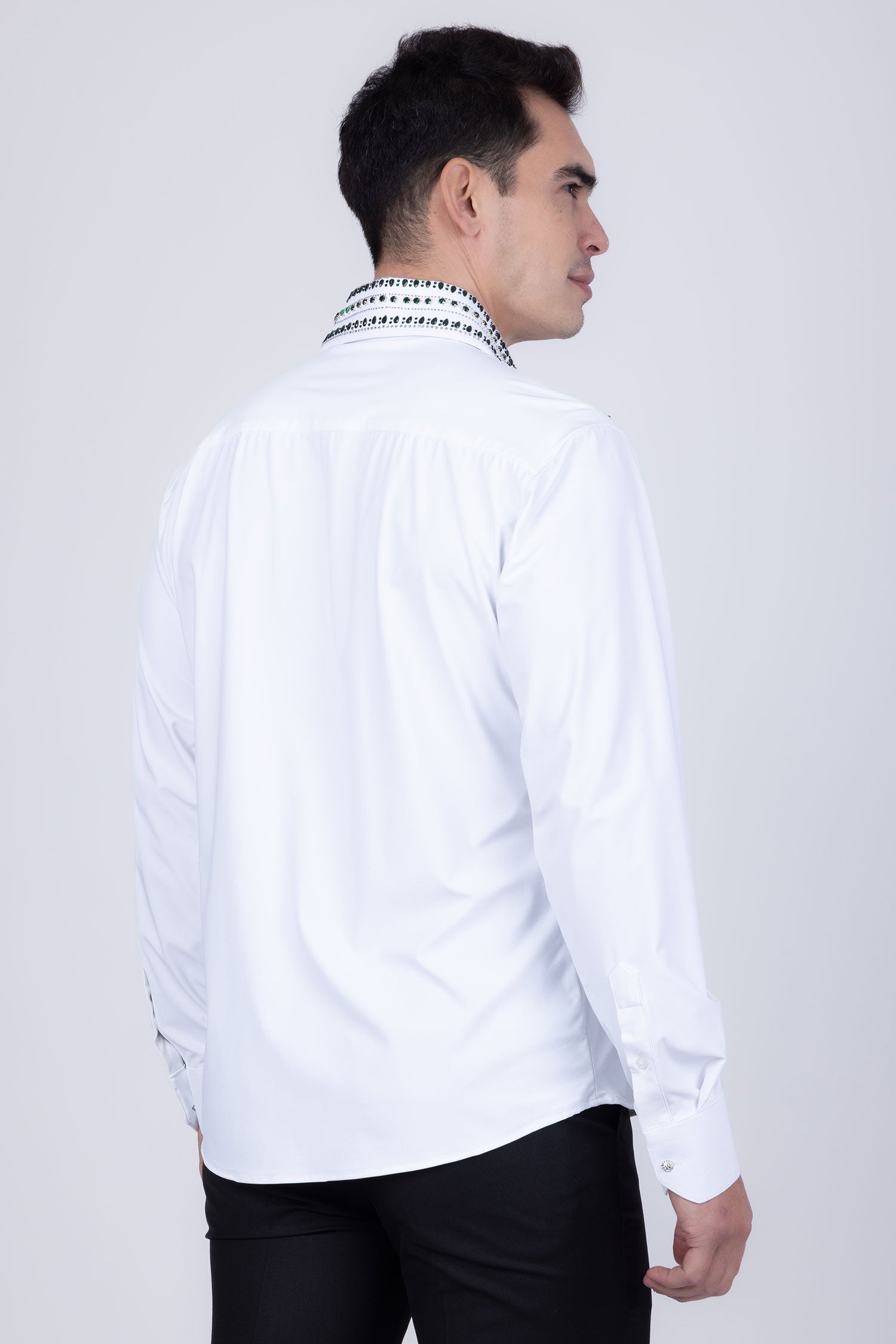 Barabas Men's Rhinestones Button Down Long Sleeve Shirts 4BR412 White Green