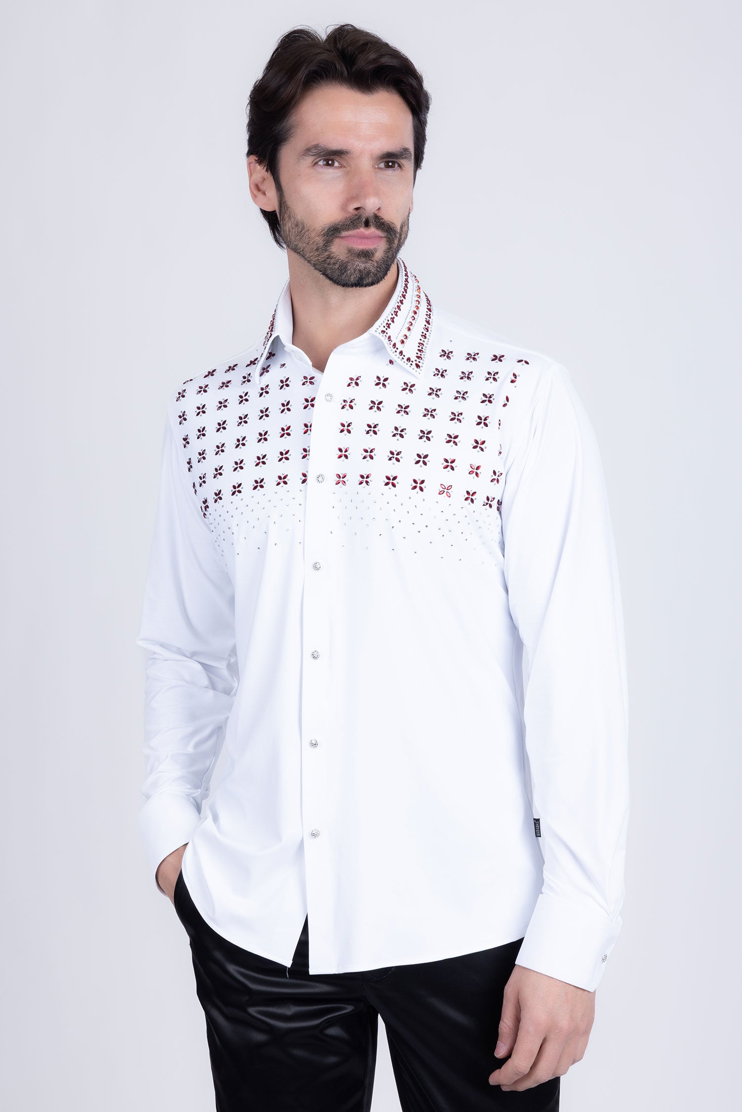 Barabas Men's Rhinestones Button Down Long Sleeve Shirts 4BR412 White Red