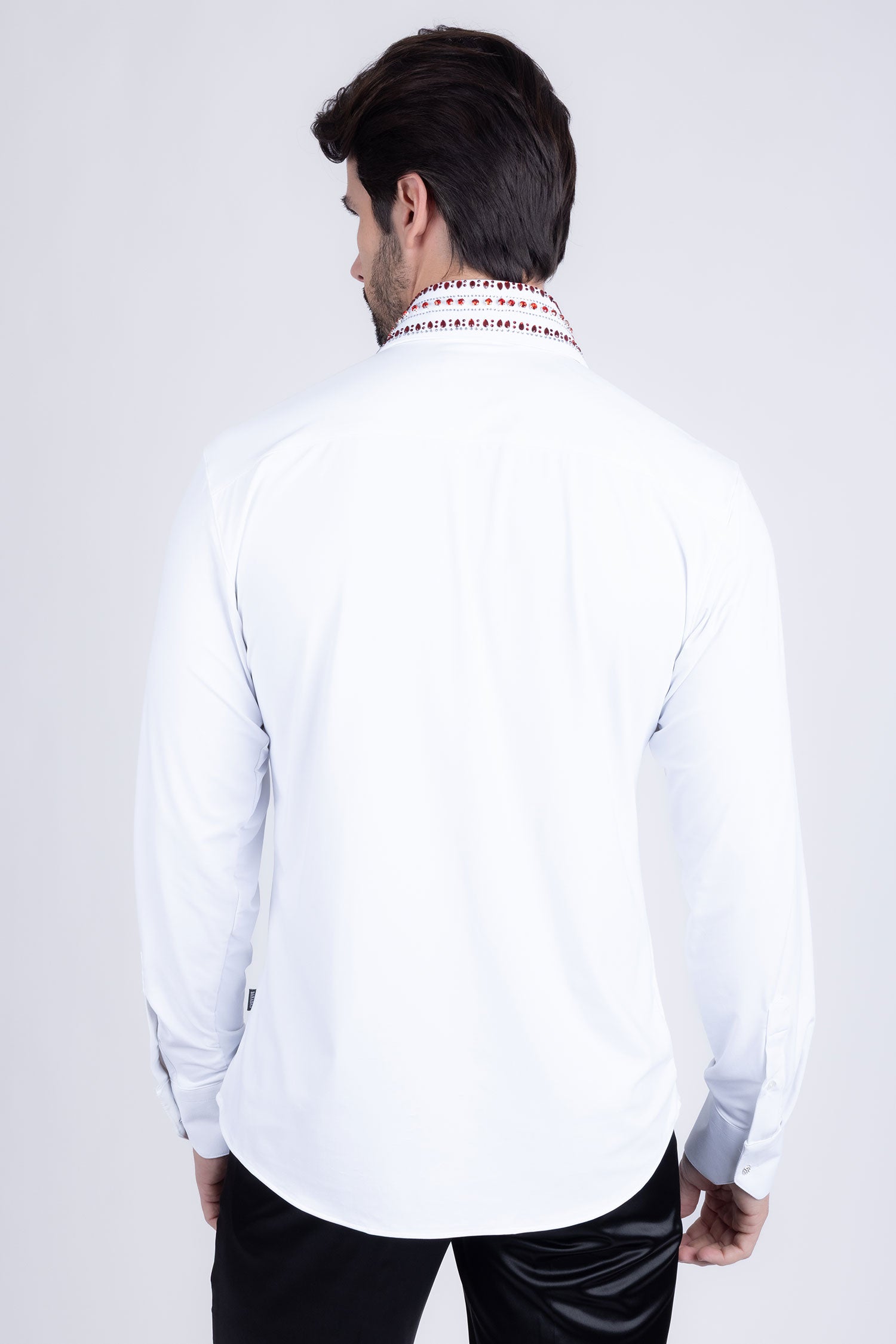 Barabas Men's Rhinestones Button Down Long Sleeve Shirts 4BR412 White Red