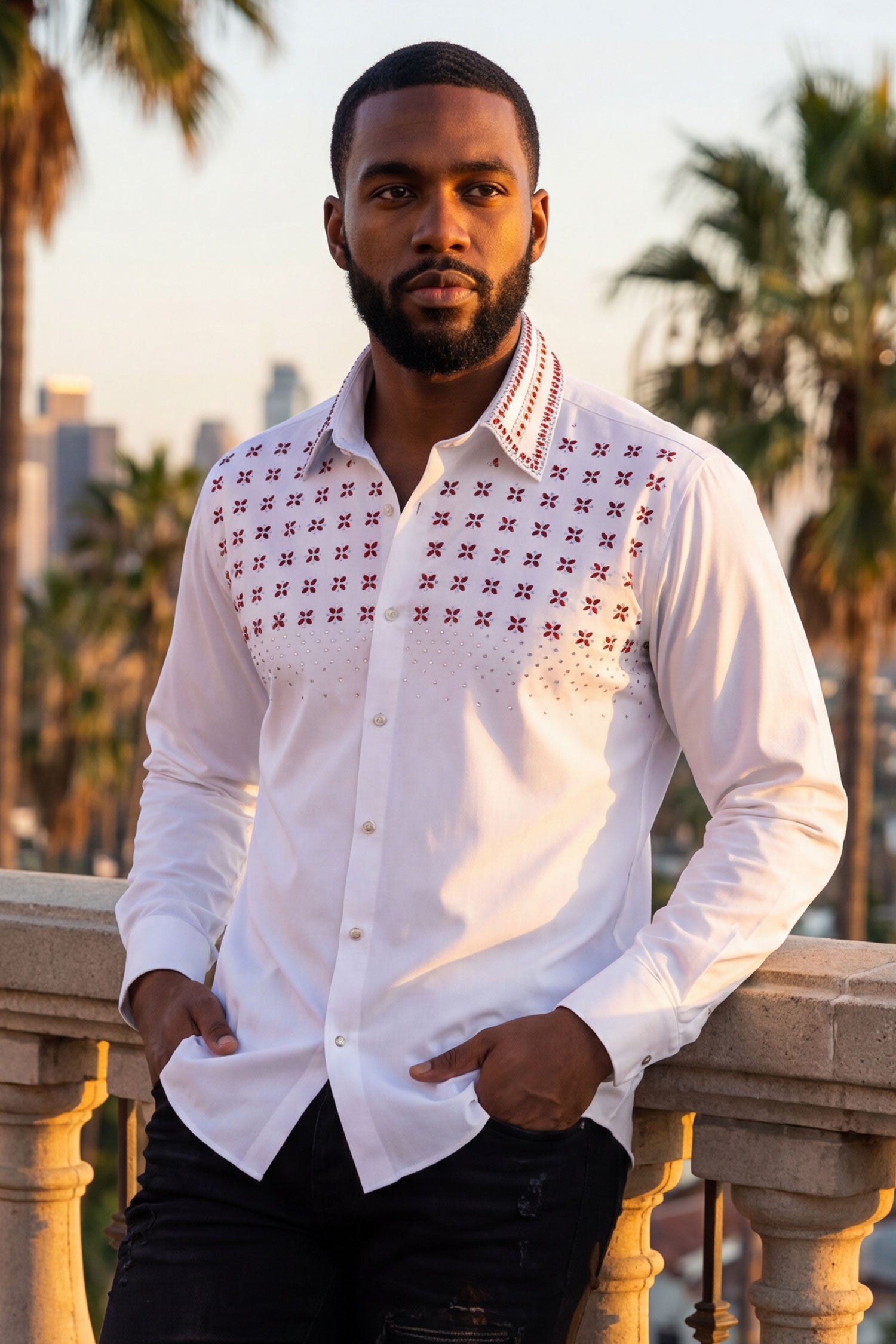 Barabas Men's Rhinestones Button Down Long Sleeve Shirts 4BR412 White Red