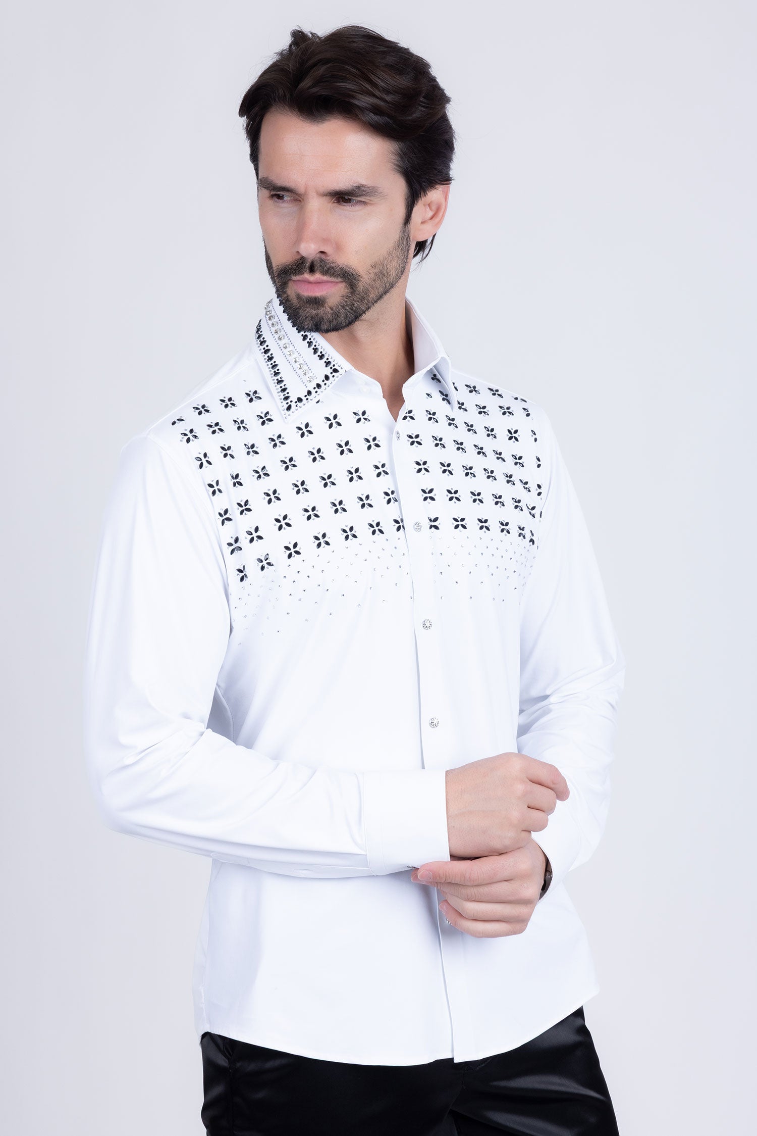 Barabas Men's Rhinestones Button Down Long Sleeve Shirts 4BR412 White Silver