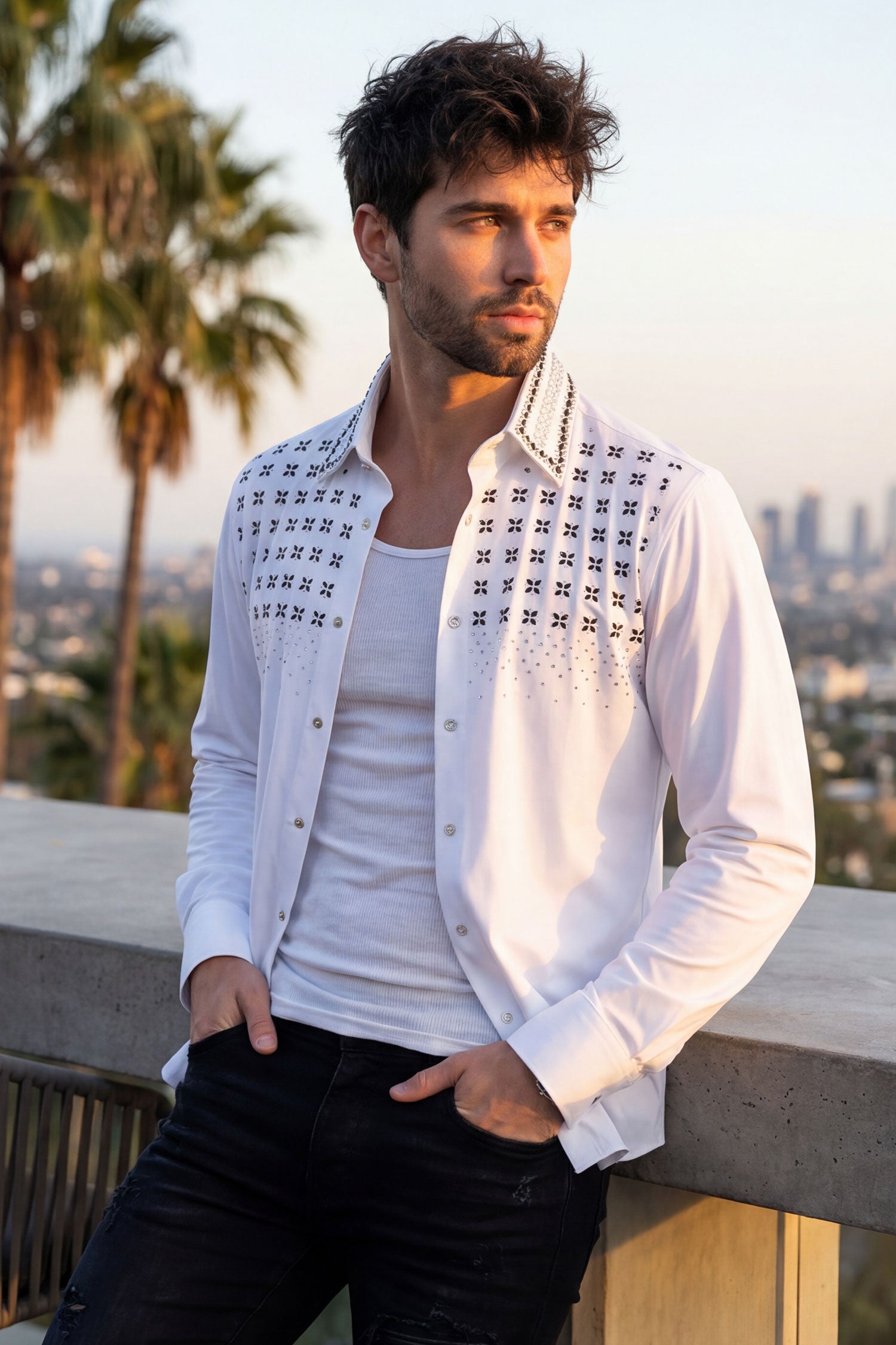 Barabas Men's Rhinestones Button Down Long Sleeve Shirts 4BR412 White Silver