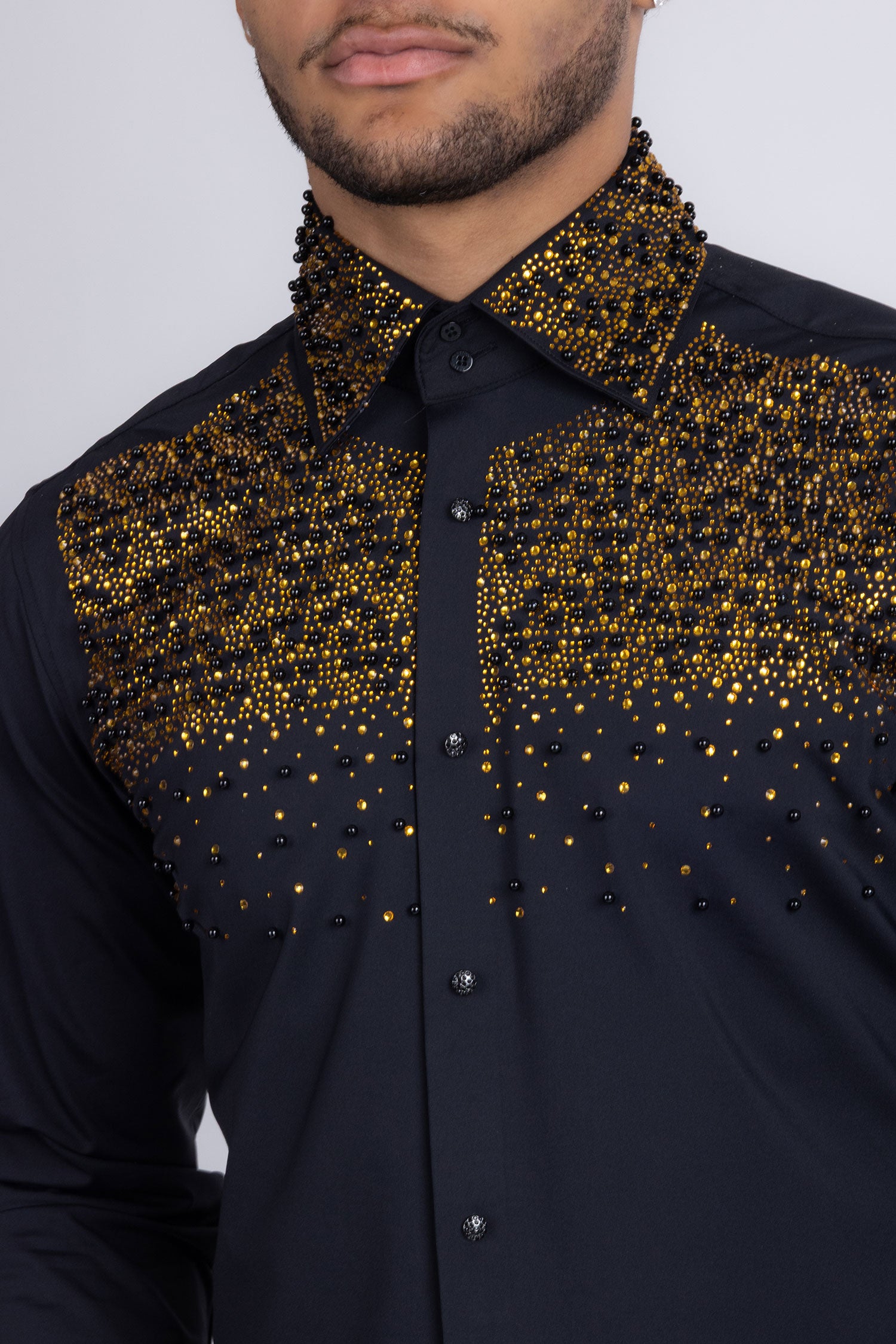 Barabas Men's Rhinestones Pearls Button Down Long Sleeve Shirts 4BR413 Black Gold