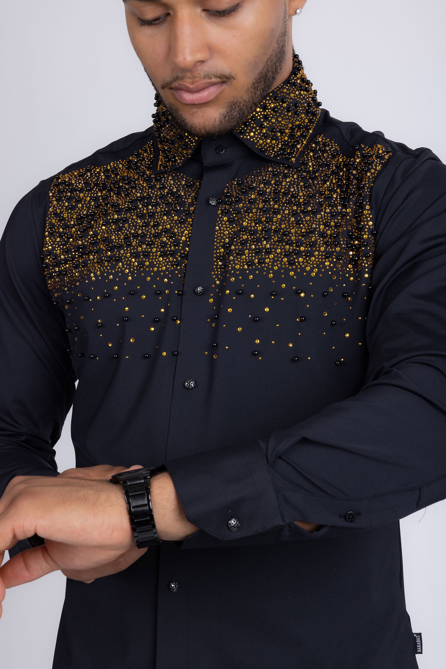 Barabas Men's Rhinestones Pearls Button Down Long Sleeve Shirts 4BR413 Black Gold