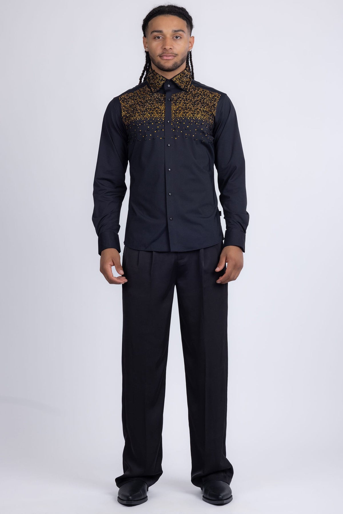 Barabas Men's Rhinestones Pearls Button Down Long Sleeve Shirts 4BR413 Black Gold