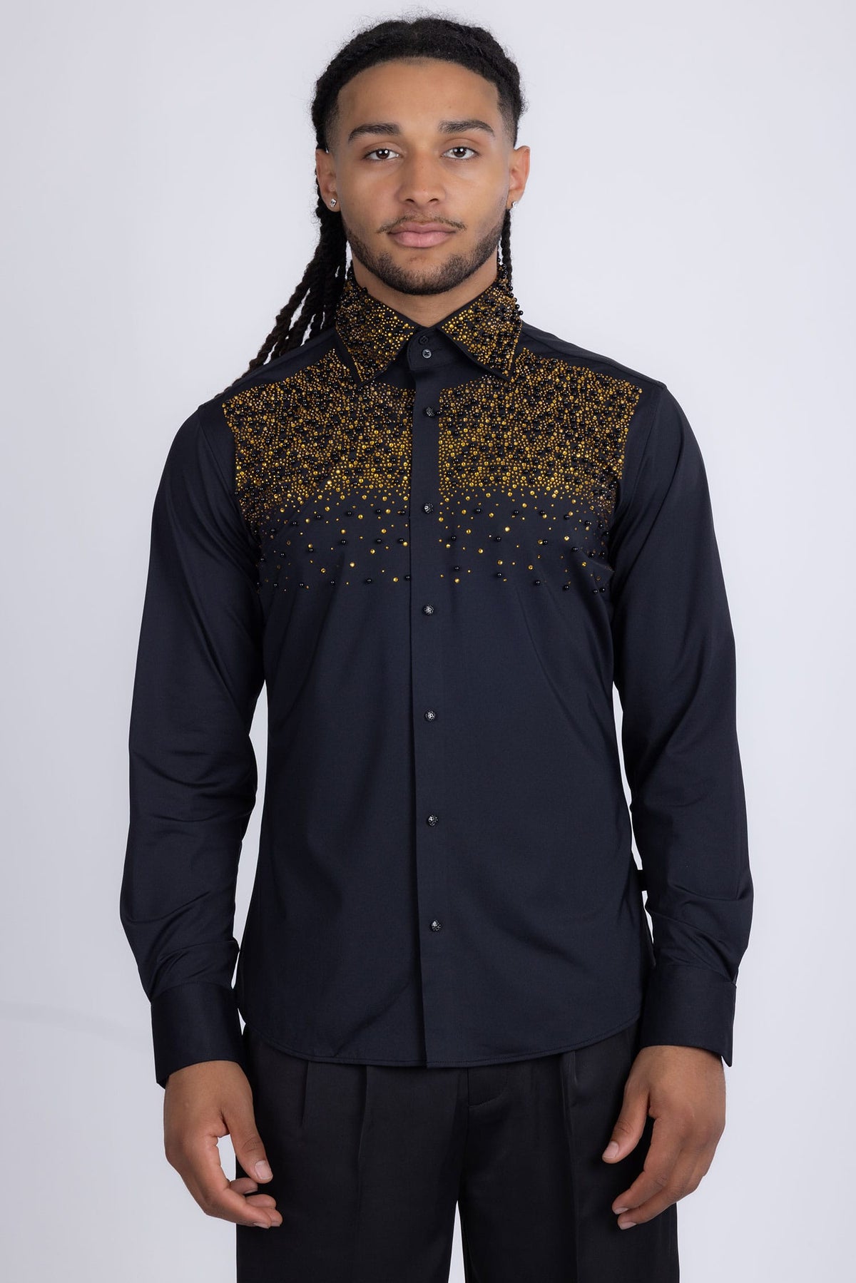Barabas Men's Rhinestones Pearls Button Down Long Sleeve Shirts 4BR413 Black Gold