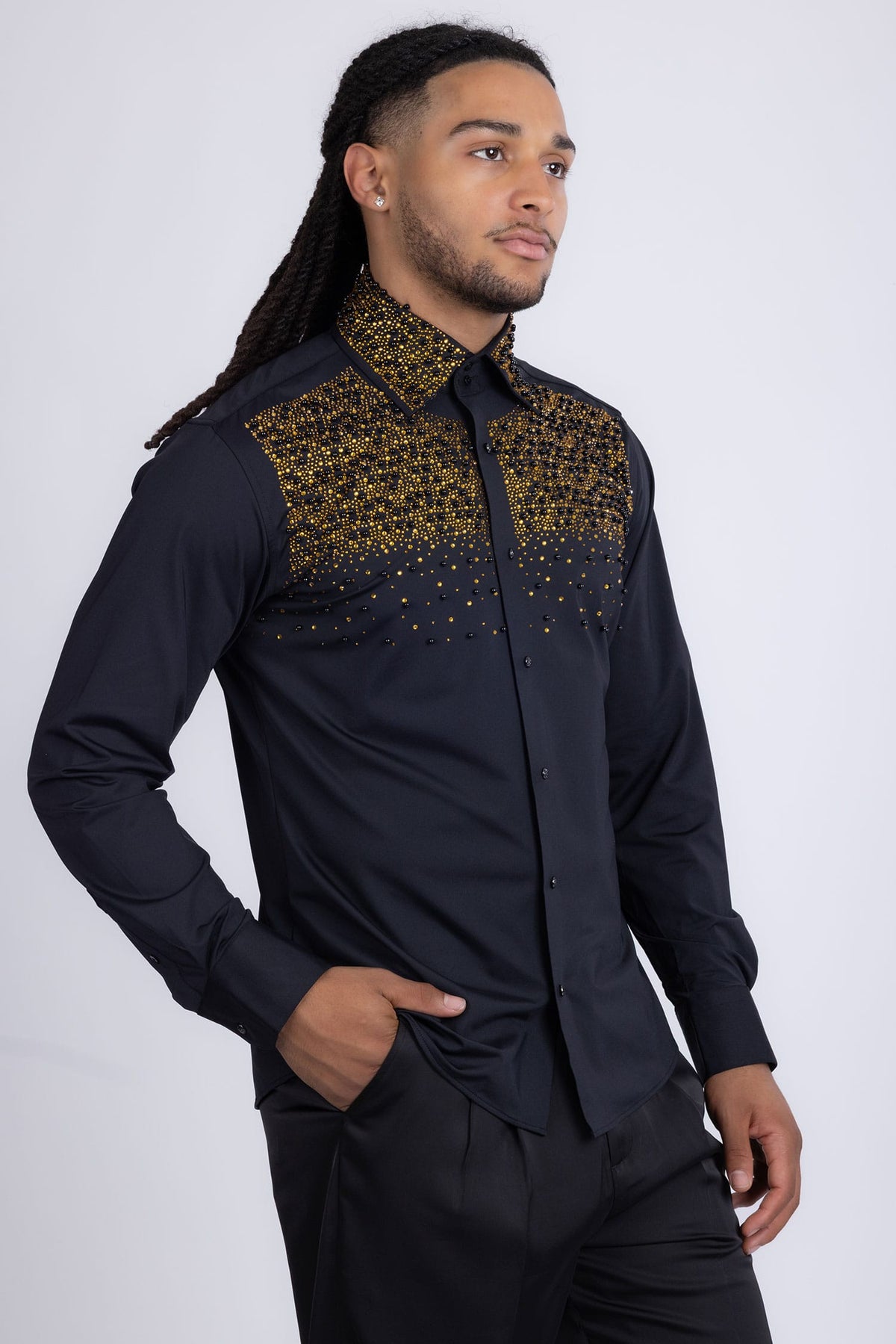 Barabas Men's Rhinestones Pearls Button Down Long Sleeve Shirts 4BR413 Black Gold