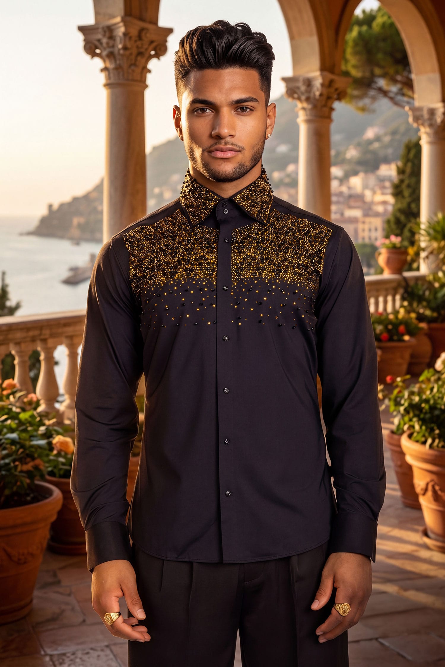 Barabas Men's Rhinestones Pearls Button Down Long Sleeve Shirts 4BR413 Black Gold