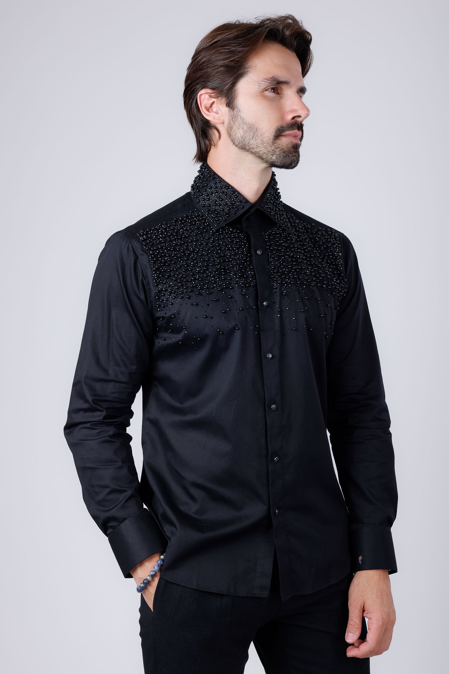 Barabas Men's Rhinestones Pearls Button Down Long Sleeve Shirts 4BR413 Black