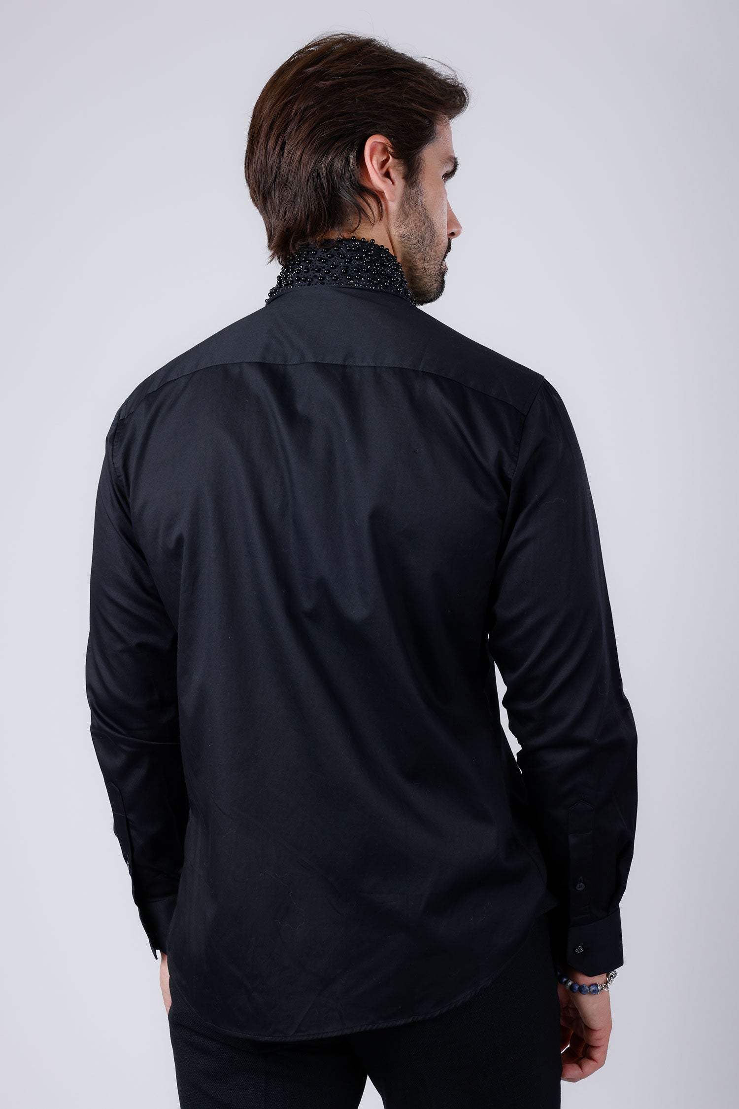 Barabas Men's Rhinestones Pearls Button Down Long Sleeve Shirts 4BR413 Black