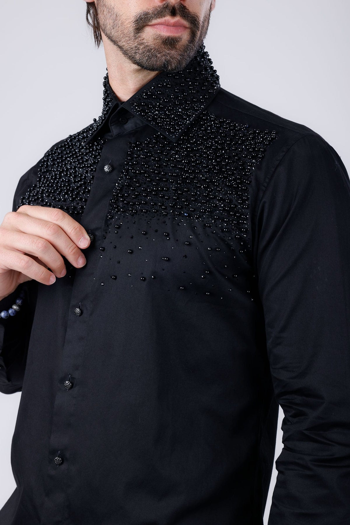 Barabas Men's Rhinestones Pearls Button Down Long Sleeve Shirts 4BR413 Black