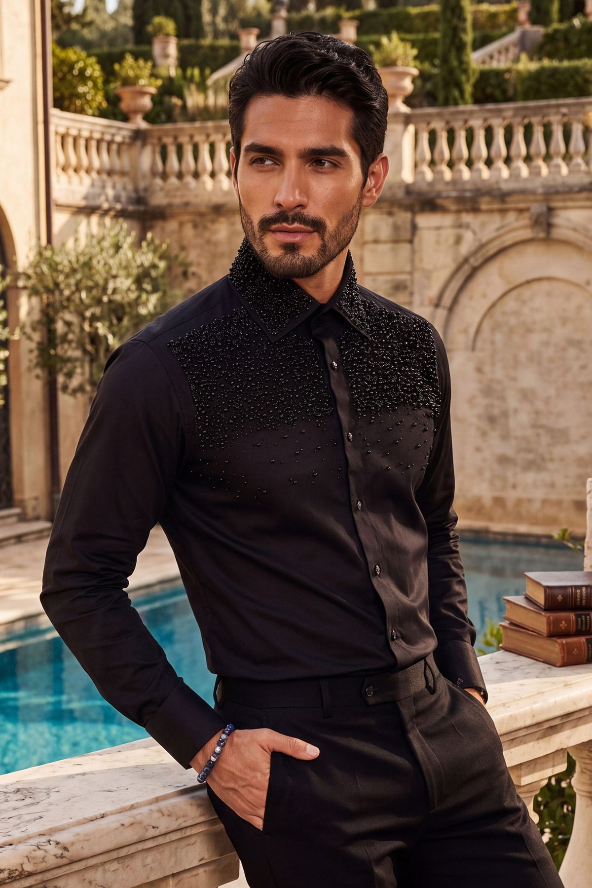 Barabas Men's Rhinestones Pearls Button Down Long Sleeve Shirts 4BR413 Black