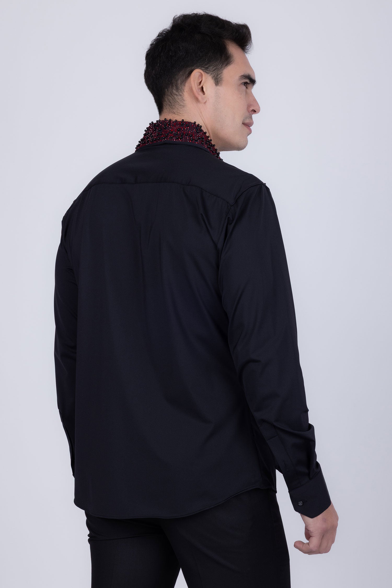 Barabas Men's Rhinestones Pearls Button Down Long Sleeve Shirts 4BR413 Black Blue