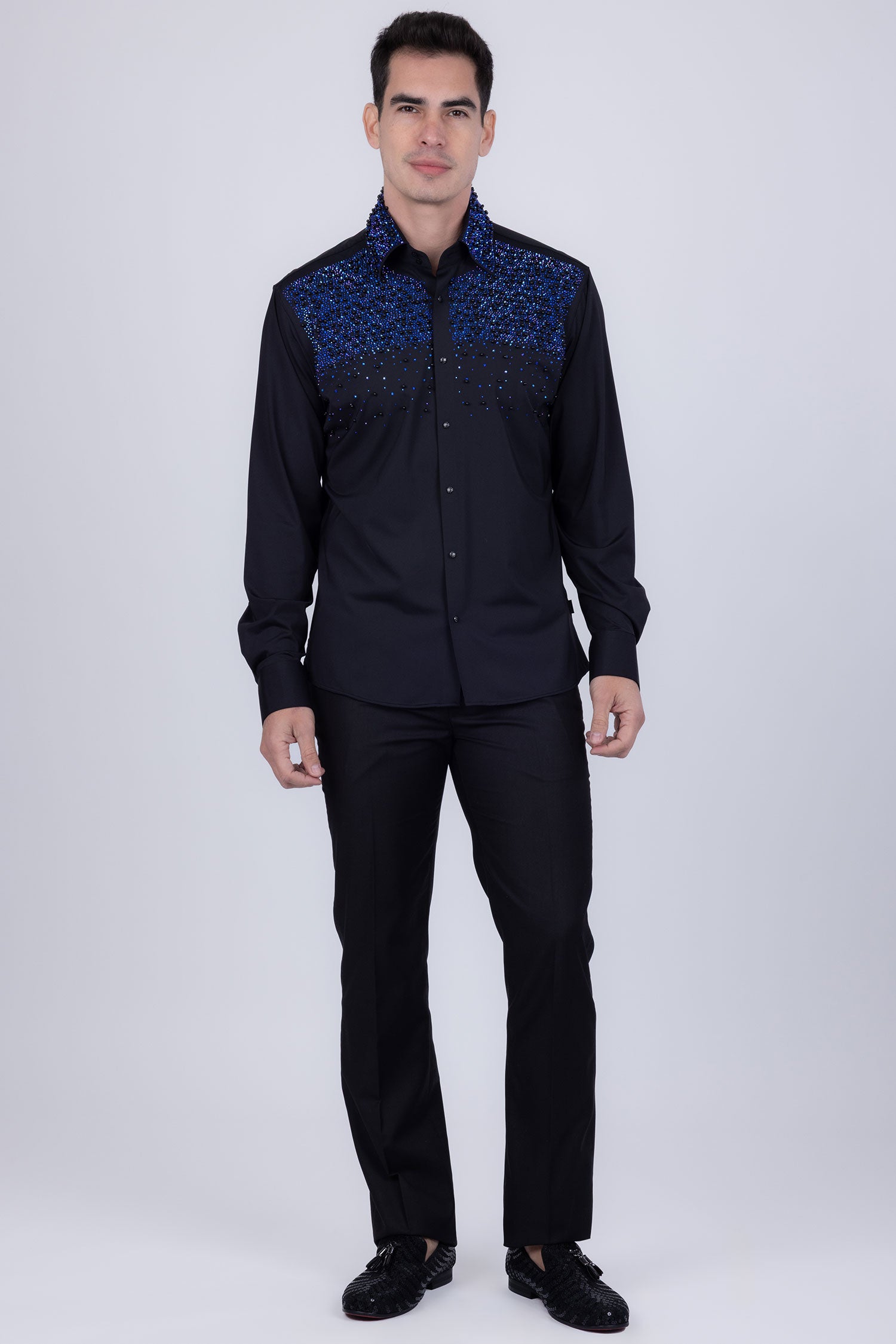 Barabas Men's Rhinestones Pearls Button Down Long Sleeve Shirts 4BR413 Black Blue