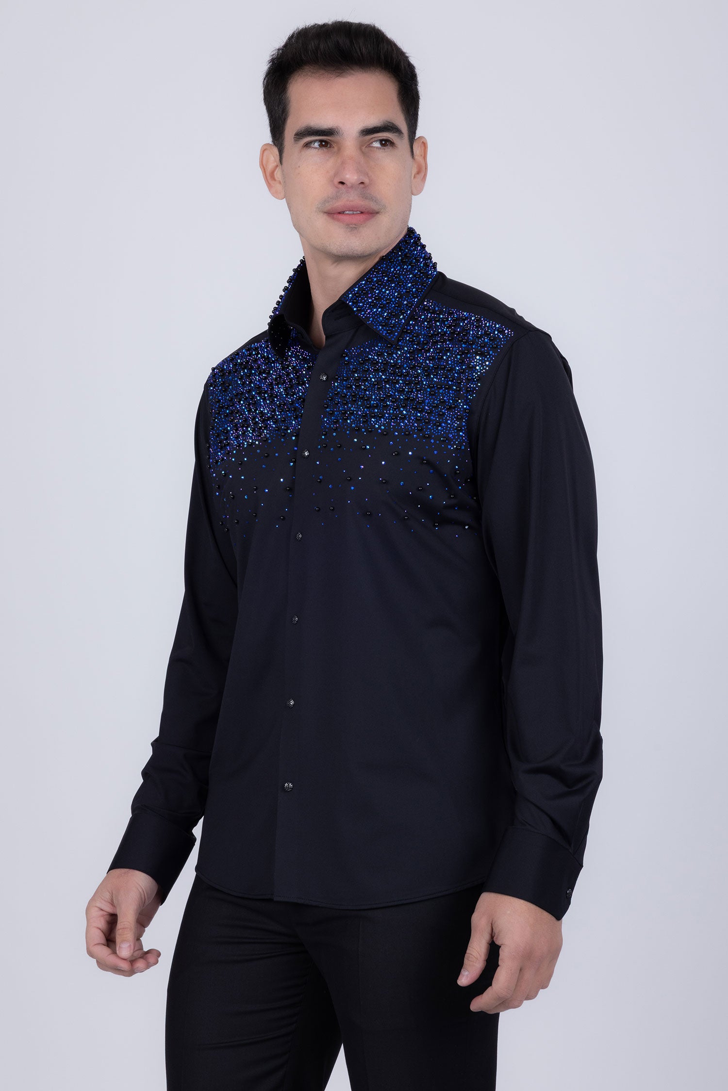 Barabas Men's Rhinestones Pearls Button Down Long Sleeve Shirts 4BR413 Black Blue
