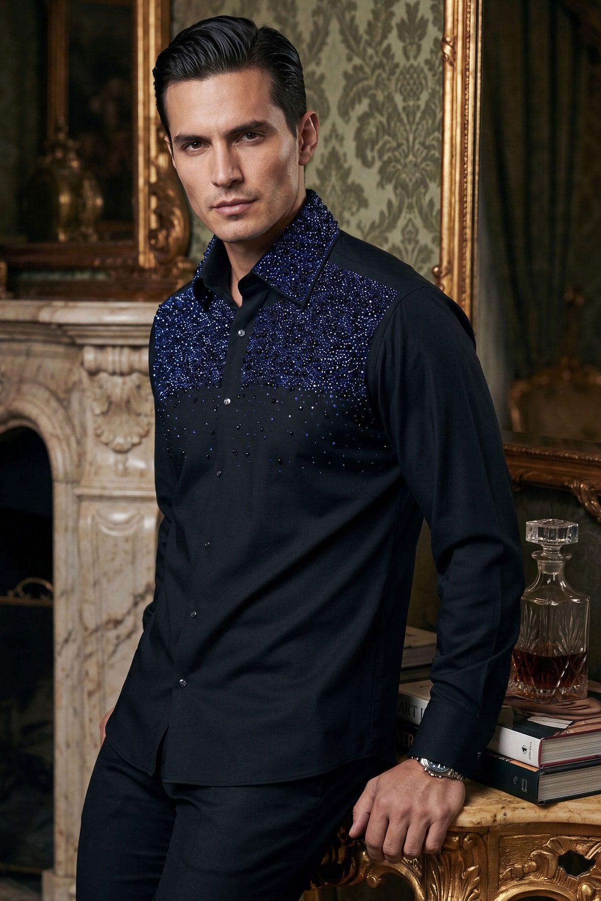 Barabas Men's Rhinestones Pearls Button Down Long Sleeve Shirts 4BR413 Black Blue