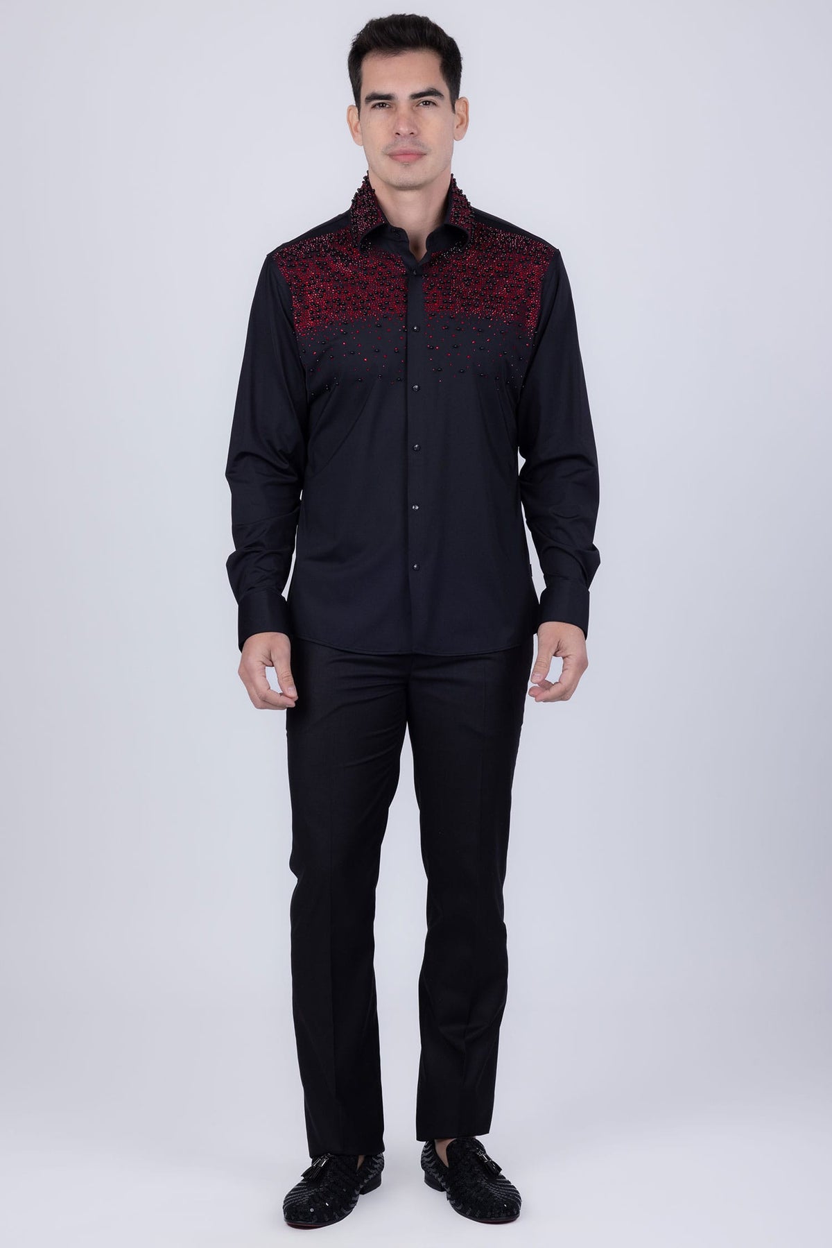 Barabas Men's Rhinestones Pearls Button Down Long Sleeve Shirts 4BR413 Black Red