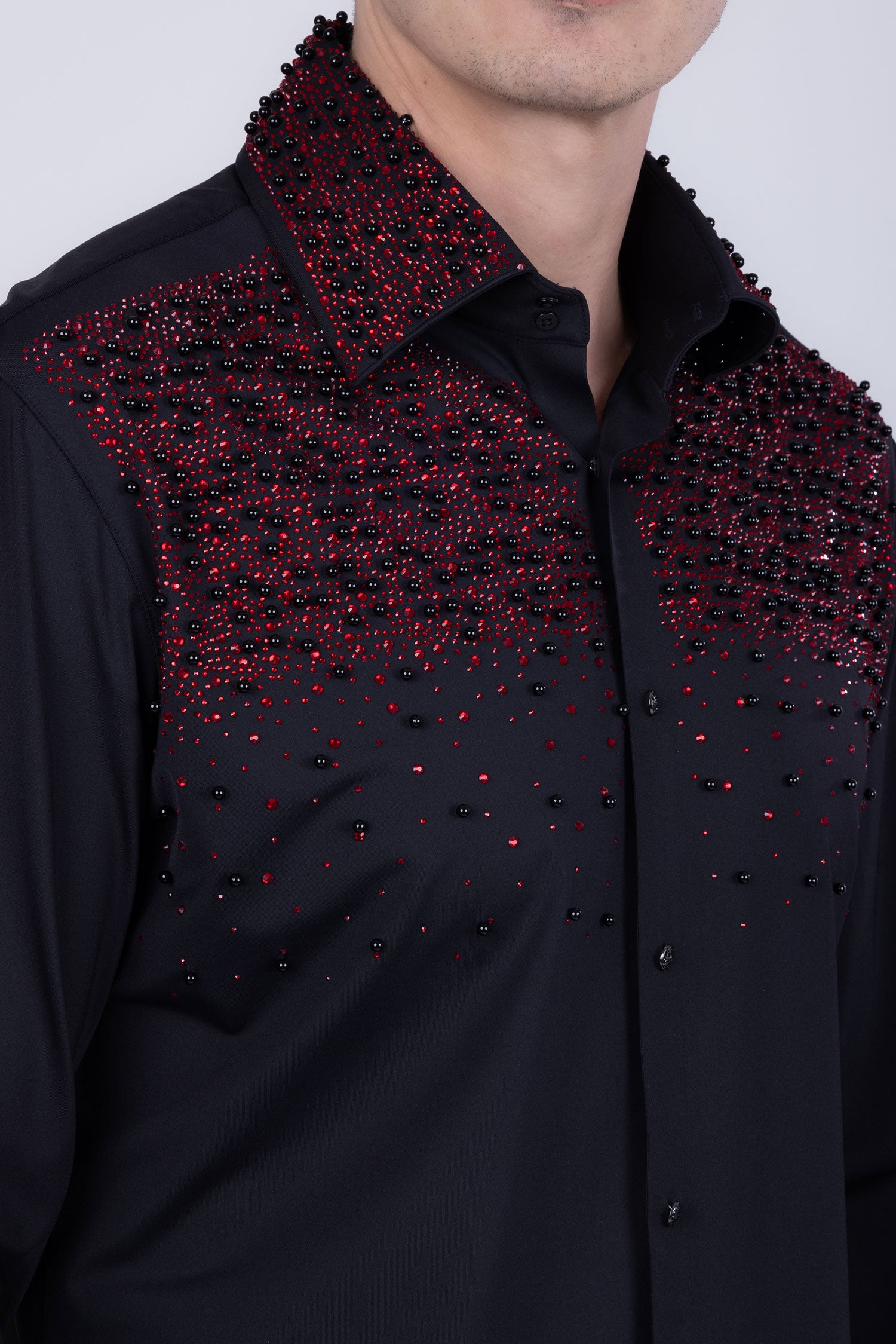 Barabas Men's Rhinestones Pearls Button Down Long Sleeve Shirts 4BR413 Black Red