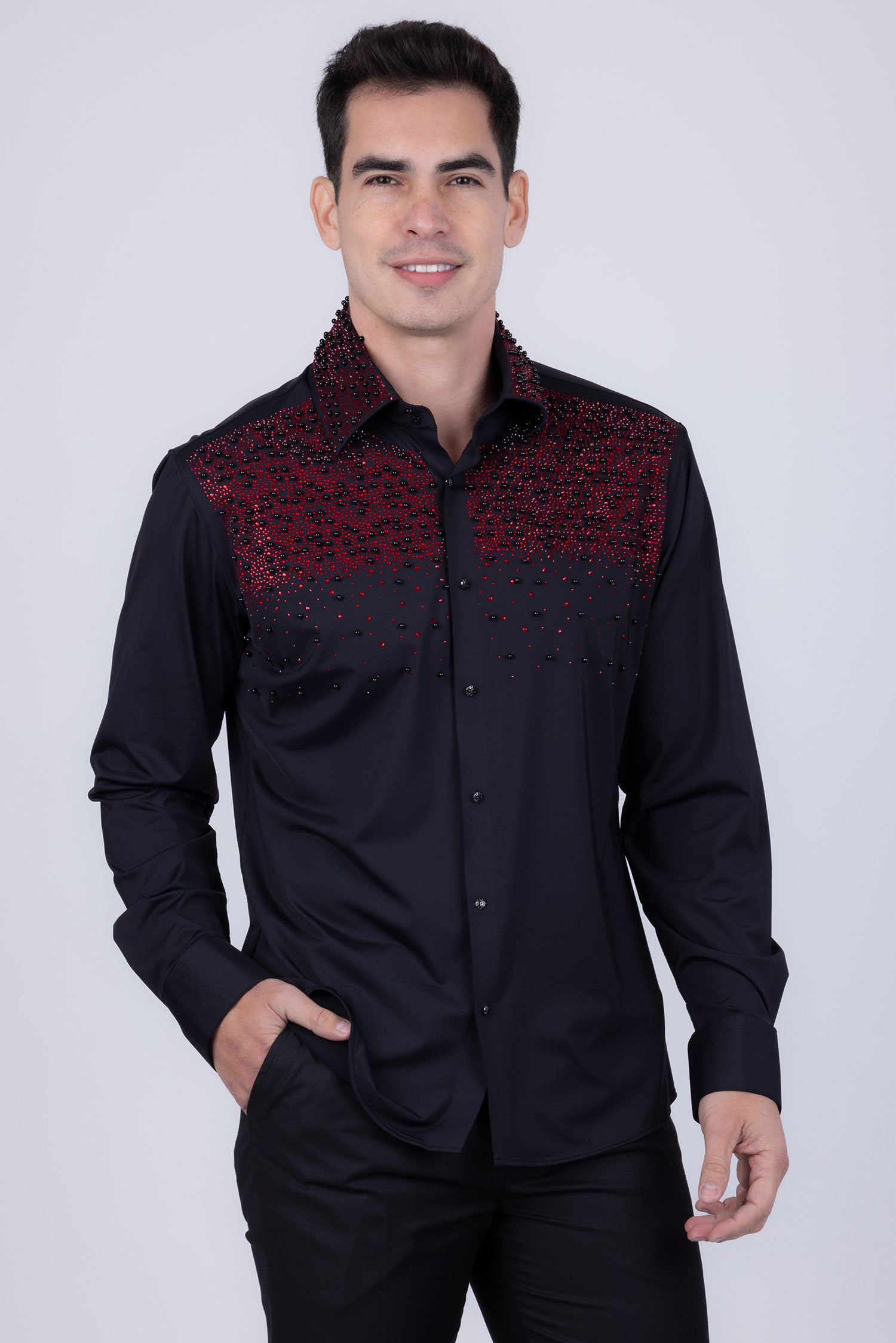 Barabas Men's Rhinestones Pearls Button Down Long Sleeve Shirts 4BR413 Black Red