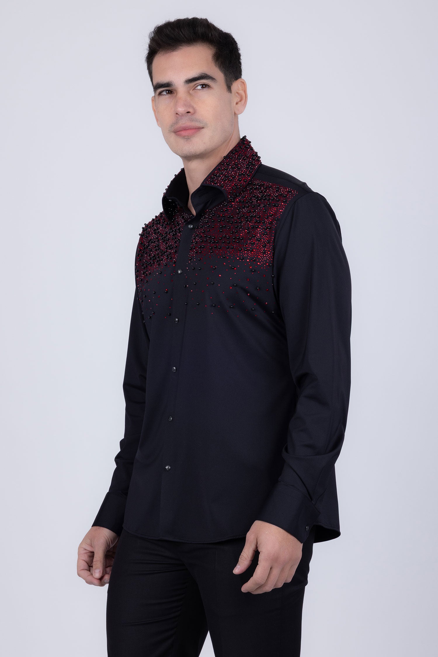 Barabas Men's Rhinestones Pearls Button Down Long Sleeve Shirts 4BR413 Black Red