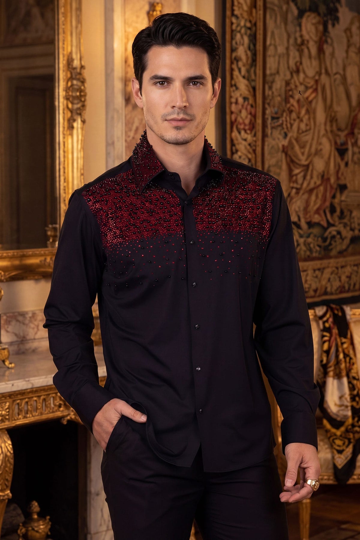 Barabas Men's Rhinestones Pearls Button Down Long Sleeve Shirts 4BR413 Black Red