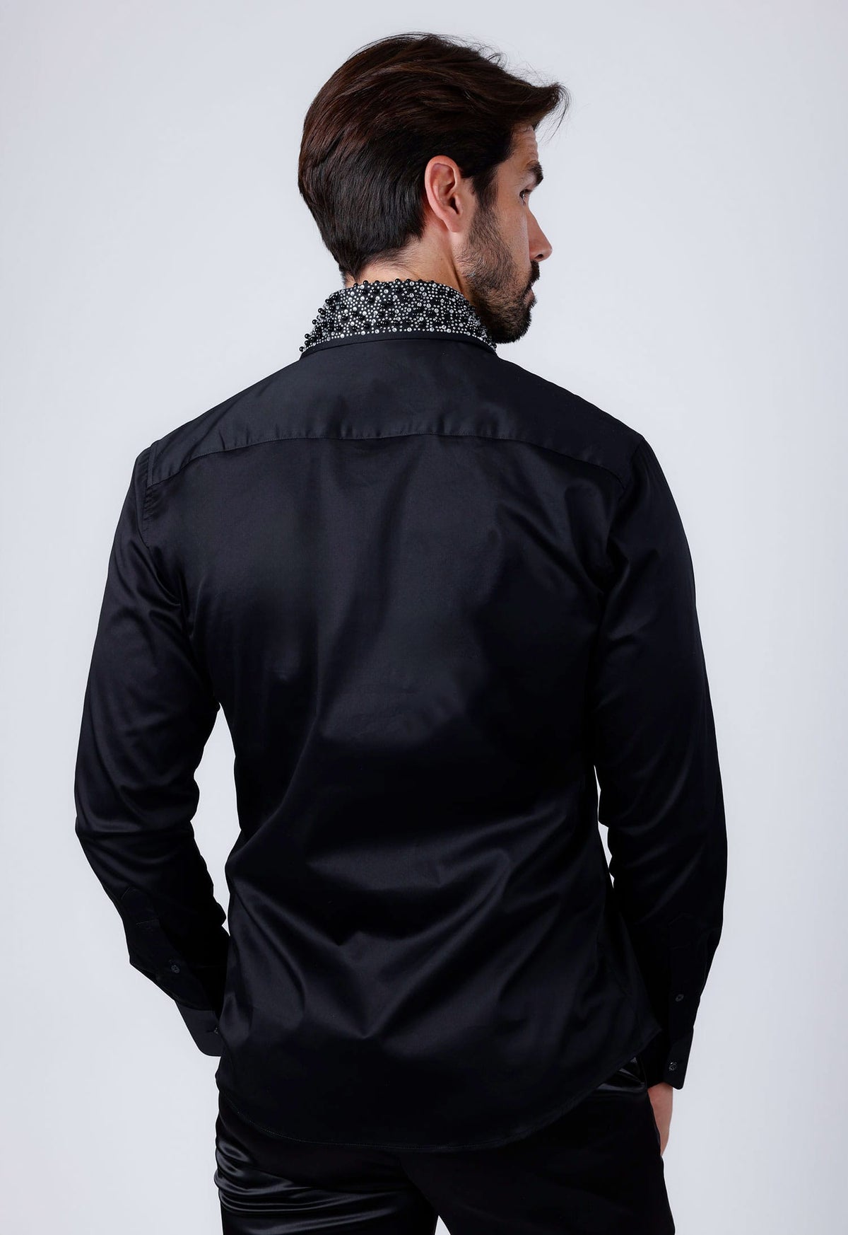 Barabas Men's Rhinestones Pearls Button Down Long Sleeve Shirts 4BR413 Silver