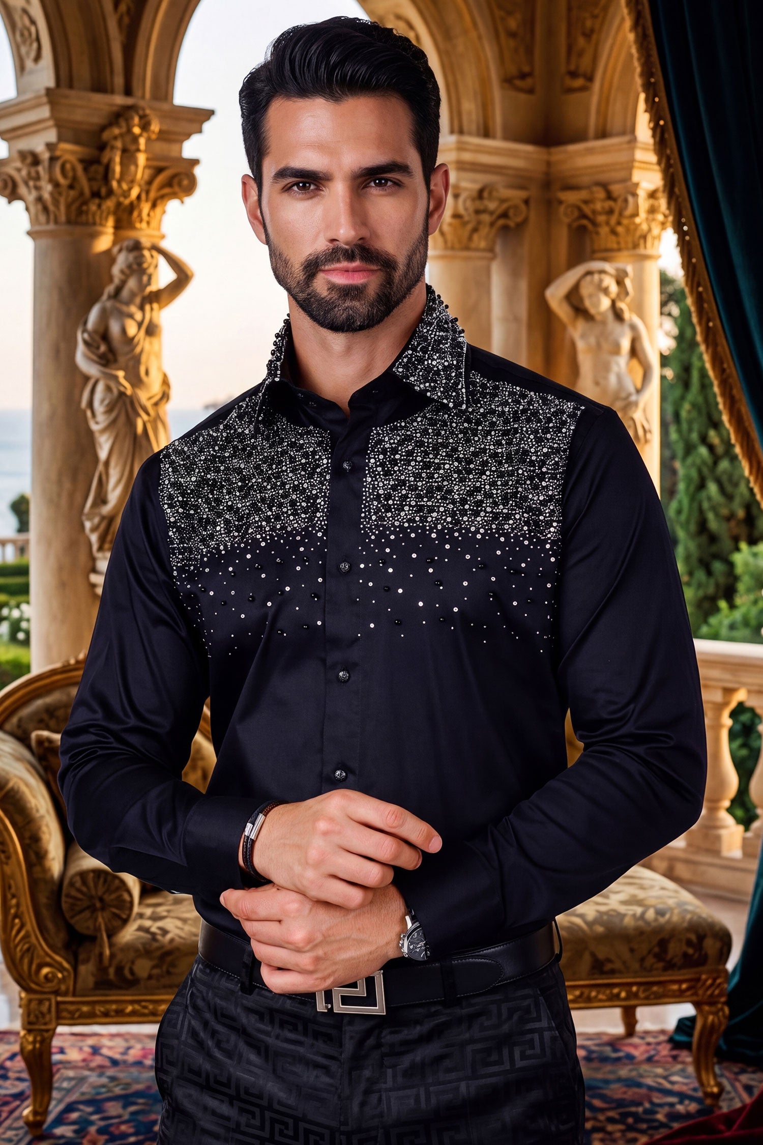 Barabas Men's Rhinestones Pearls Button Down Long Sleeve Shirts 4BR413 Black Silver