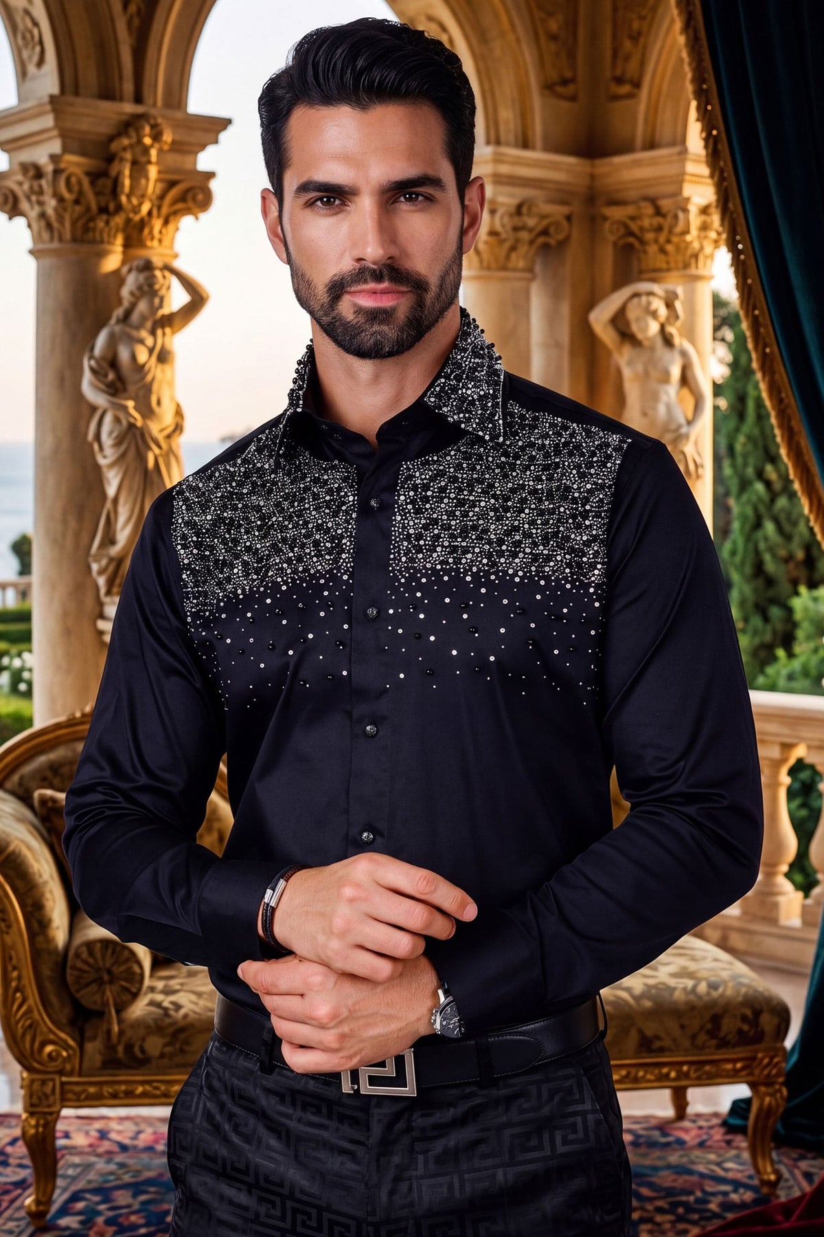 Barabas Men's Rhinestones Pearls Button Down Long Sleeve Shirts 4BR413 Black Silver