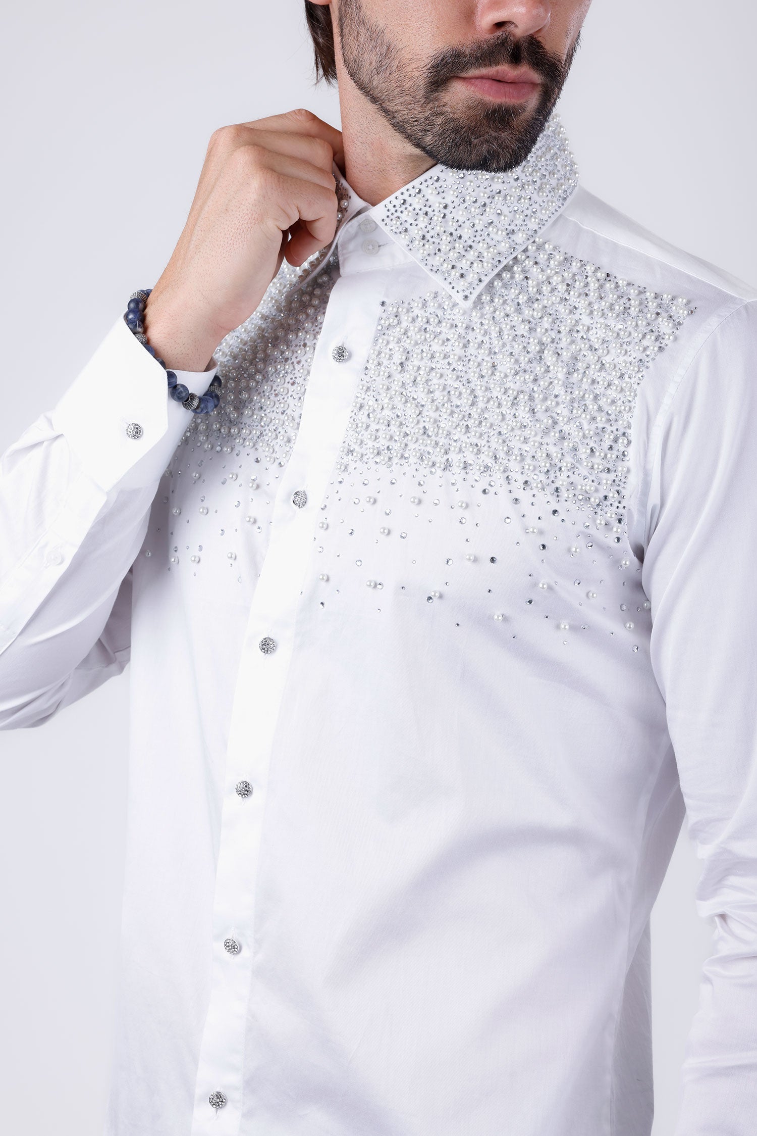 Barabas Men's Rhinestones Pearls Button Down Long Sleeve Shirts 4BR413 White