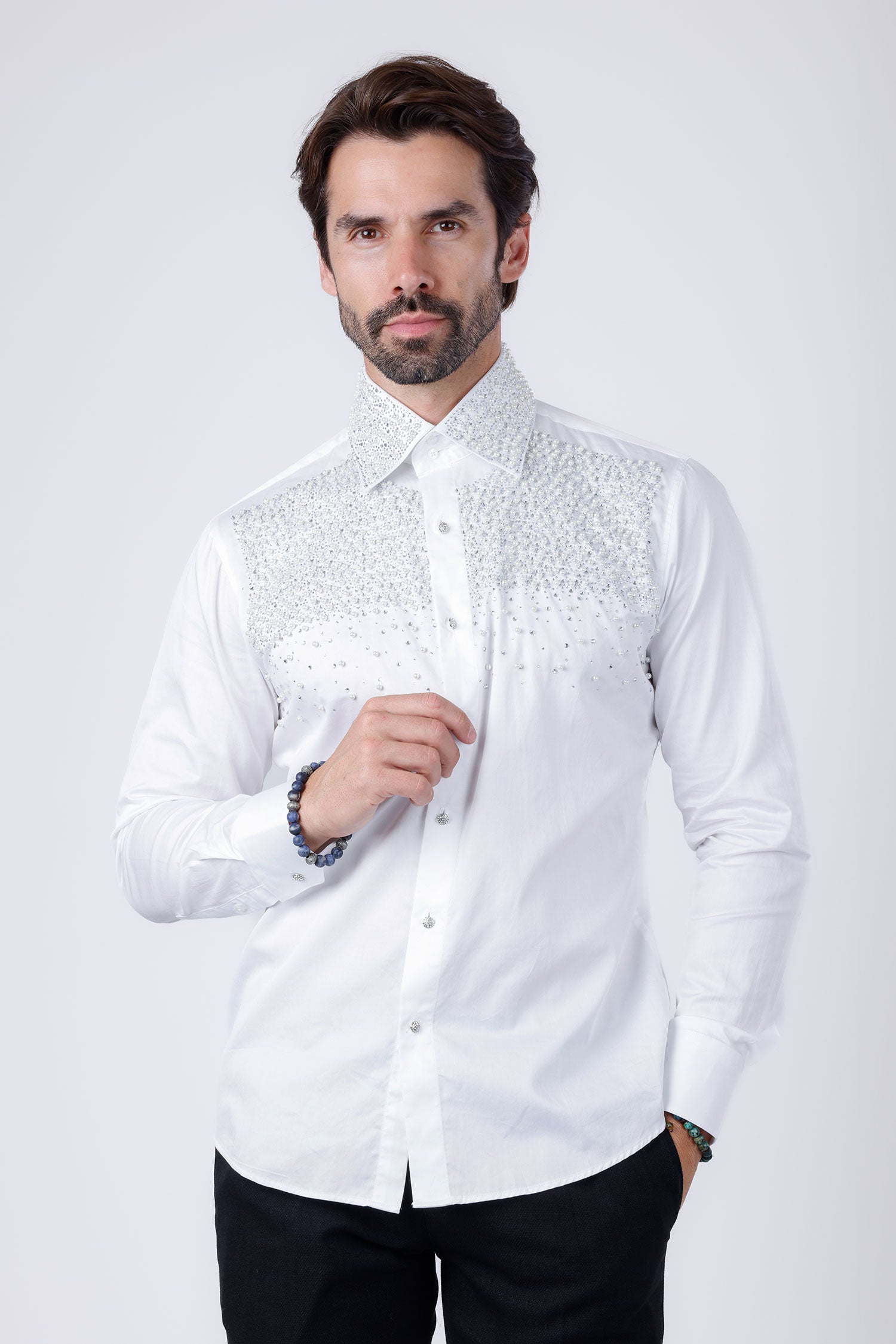 Barabas Men's Rhinestones Pearls Button Down Long Sleeve Shirts 4BR413 Off White