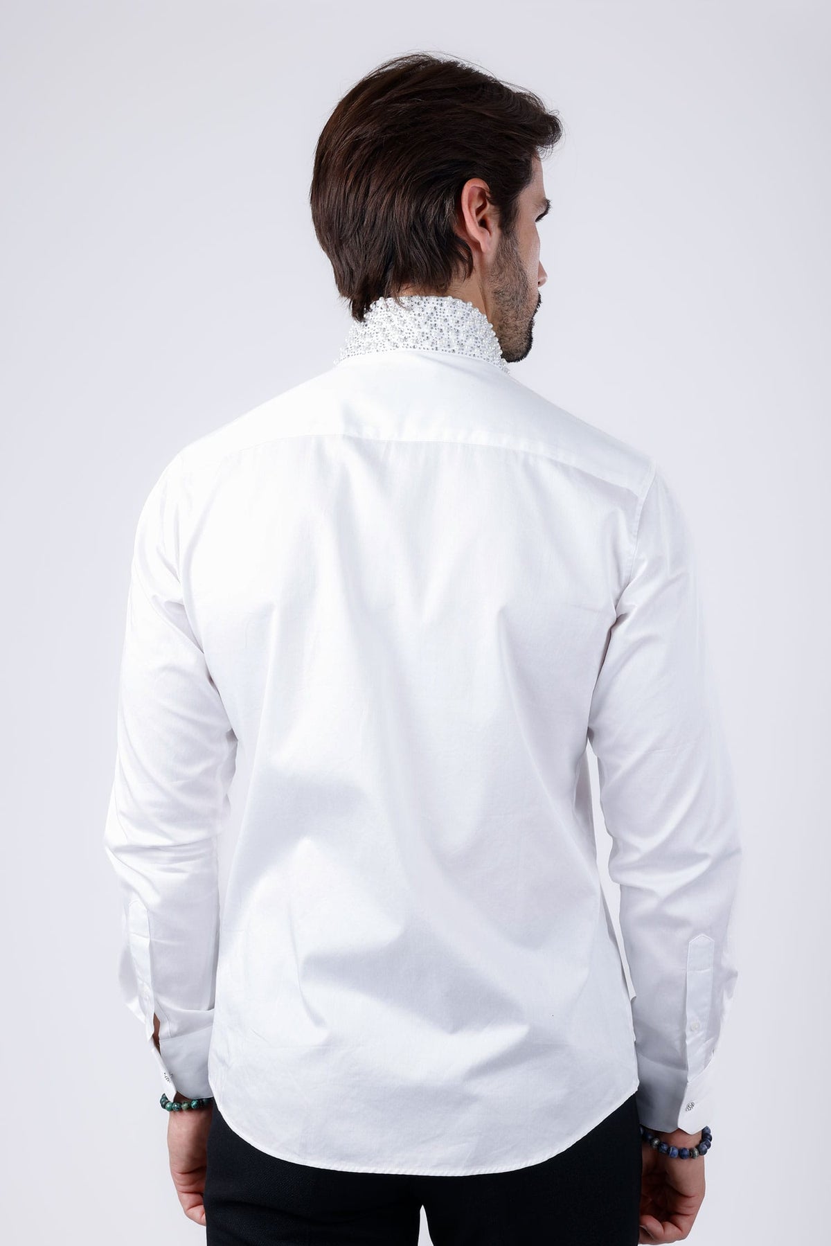 Barabas Men's Rhinestones Pearls Button Down Long Sleeve Shirts 4BR413 White
