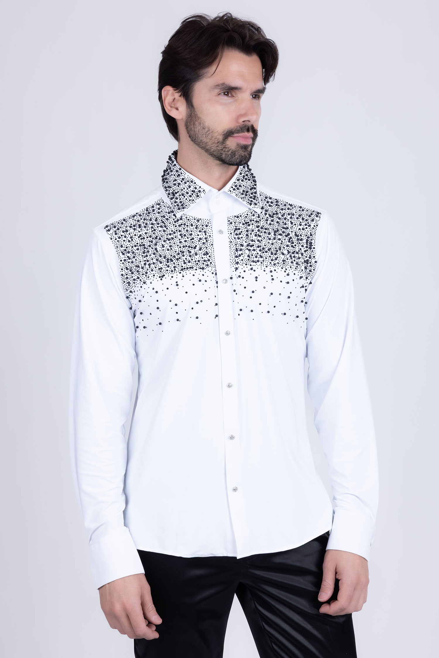 Barabas Men's Rhinestones Pearls Button Down Long Sleeve Shirts 4BR413 White Black