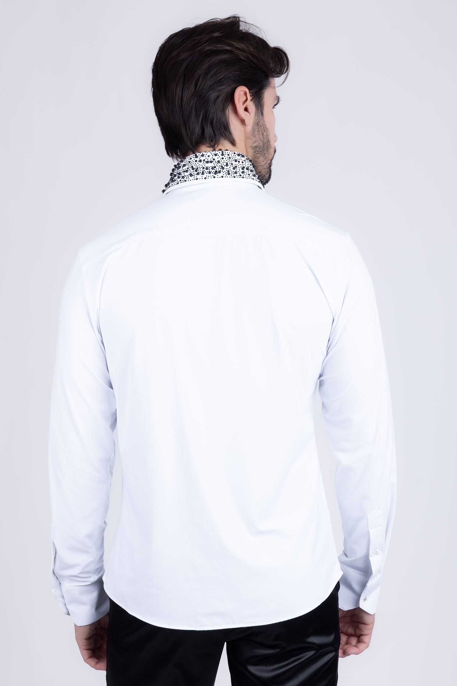 Barabas Men's Rhinestones Pearls Button Down Long Sleeve Shirts 4BR413 White Black