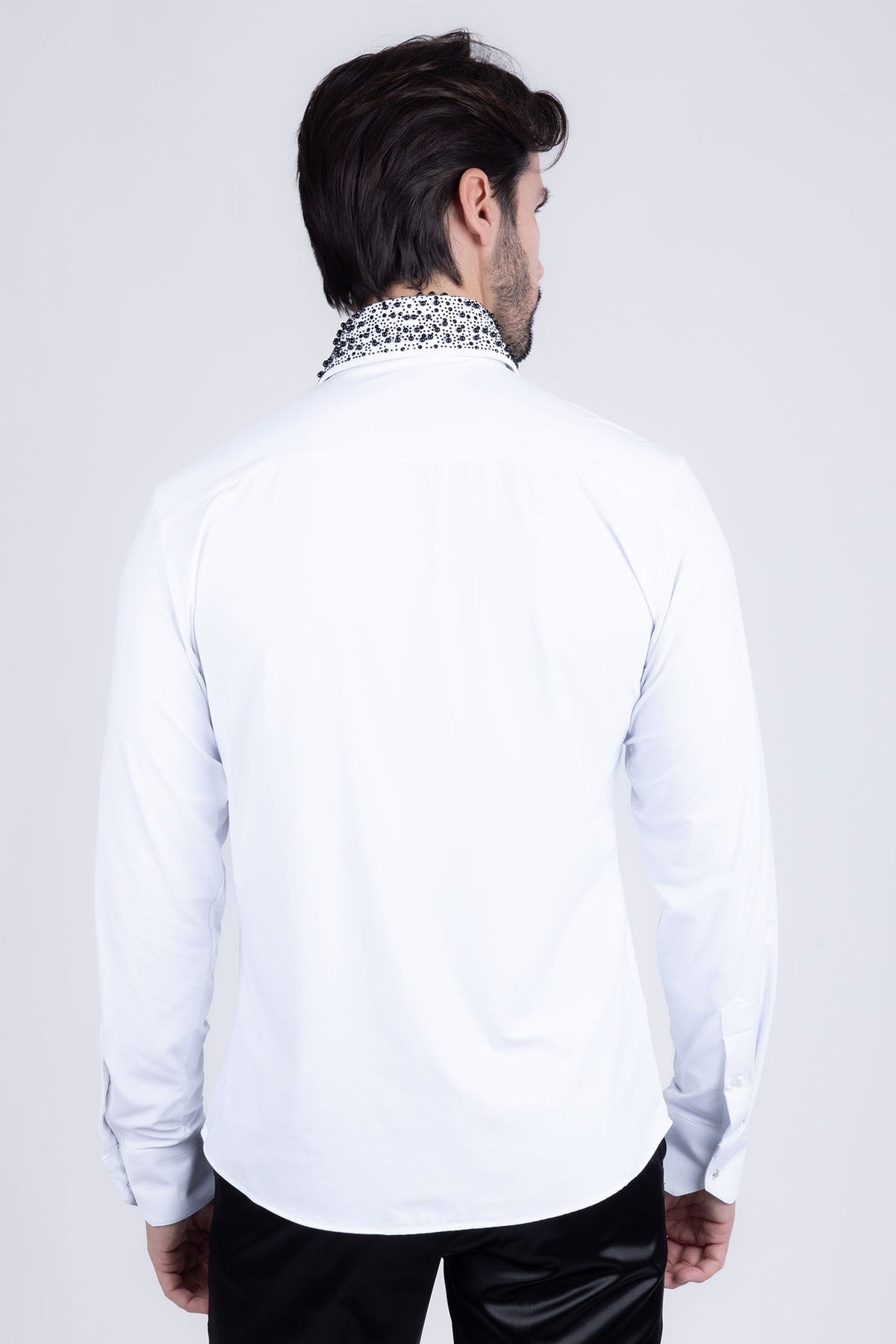 Barabas Men's Rhinestones Pearls Button Down Long Sleeve Shirts 4BR413 White Black
