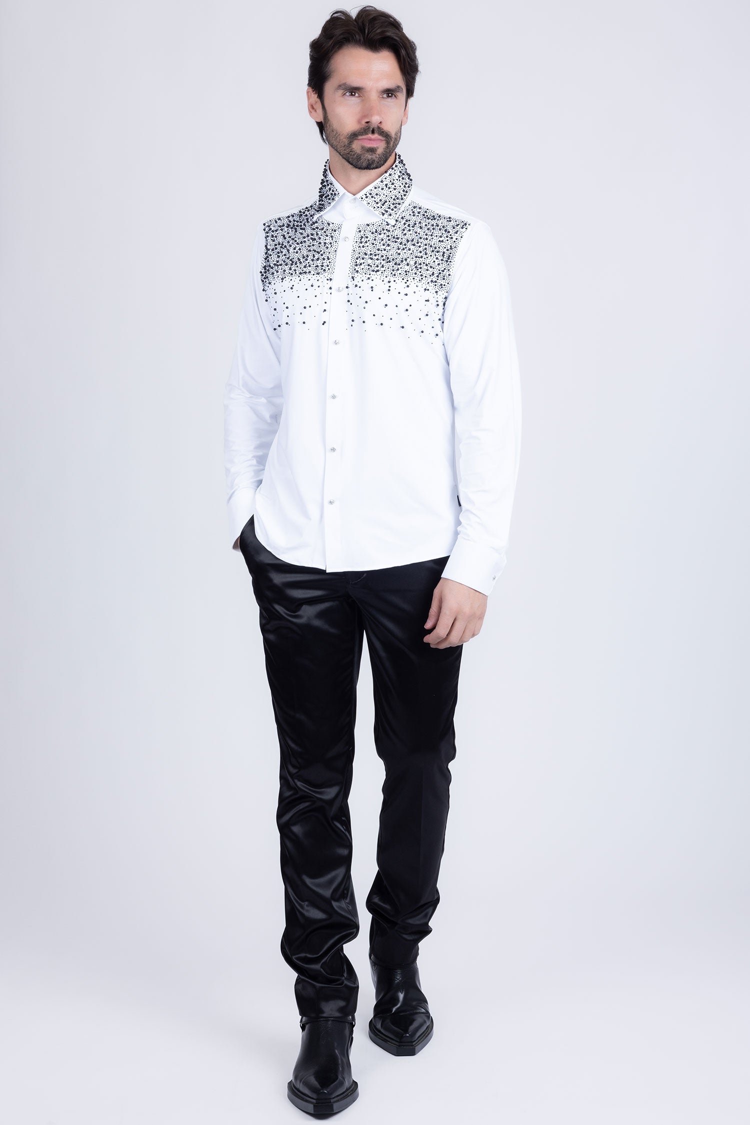 Barabas Men's Rhinestones Pearls Button Down Long Sleeve Shirts 4BR413 White Black
