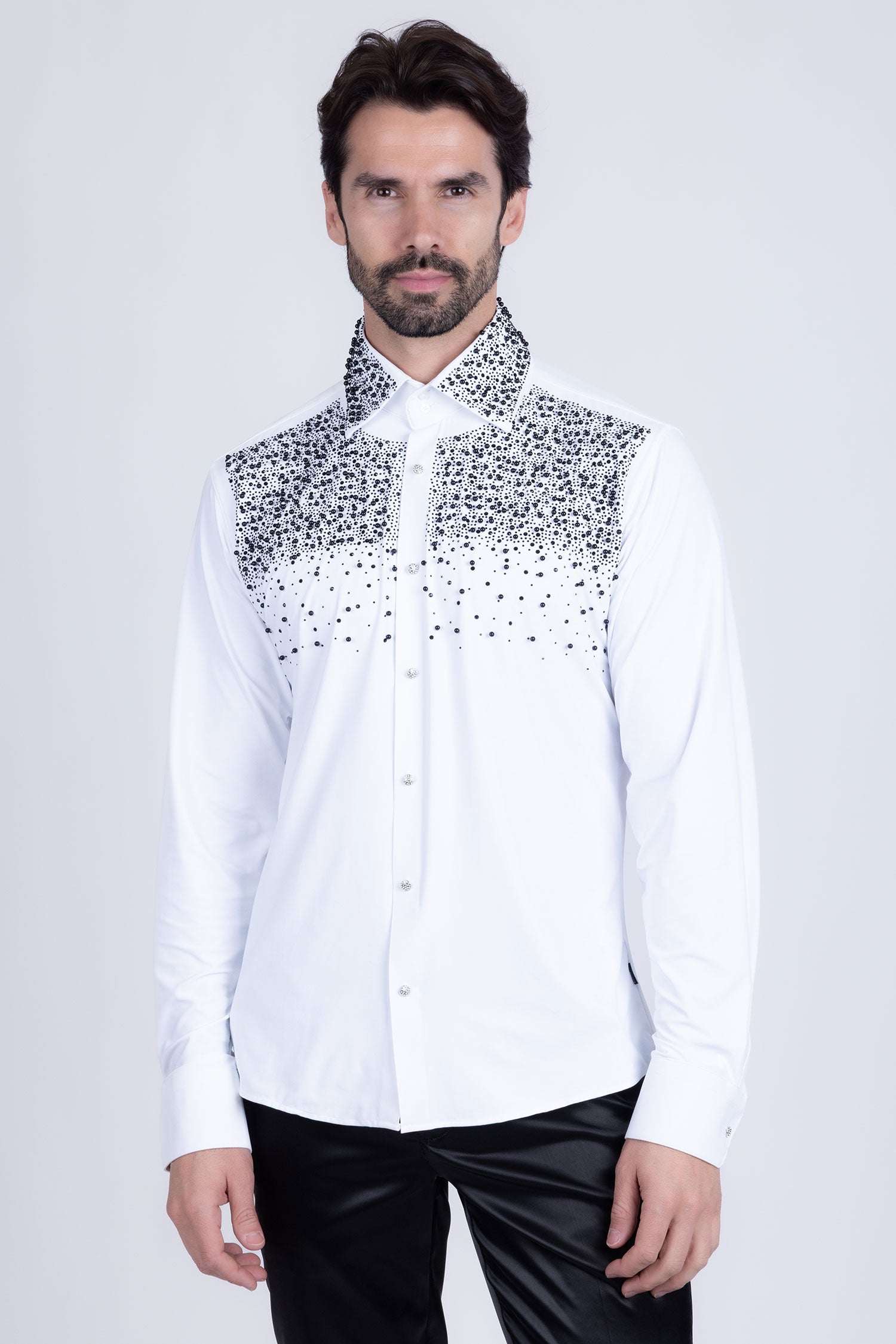 Barabas Men's Rhinestones Pearls Button Down Long Sleeve Shirts 4BR413 White Black