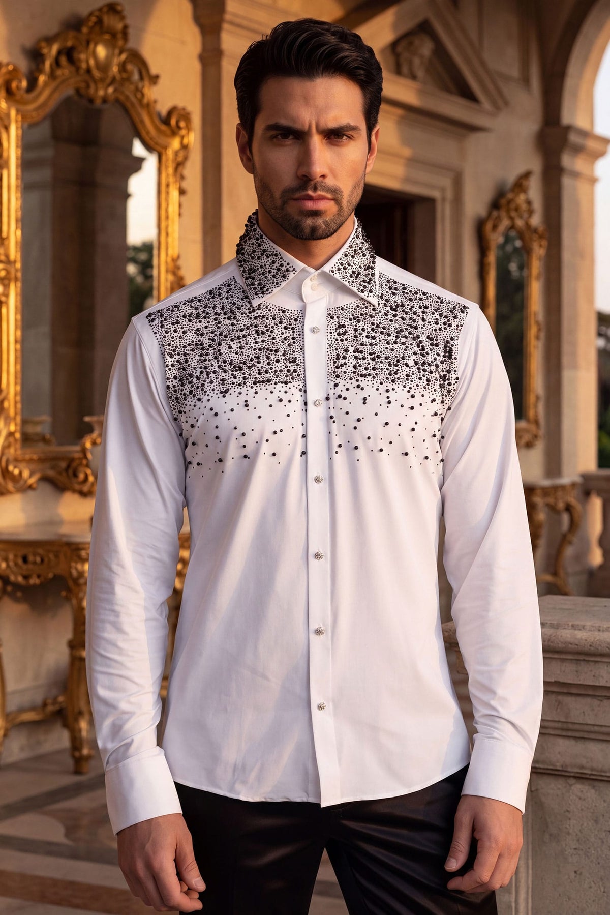 Barabas Men's Rhinestones Pearls Button Down Long Sleeve Shirts 4BR413 White Black