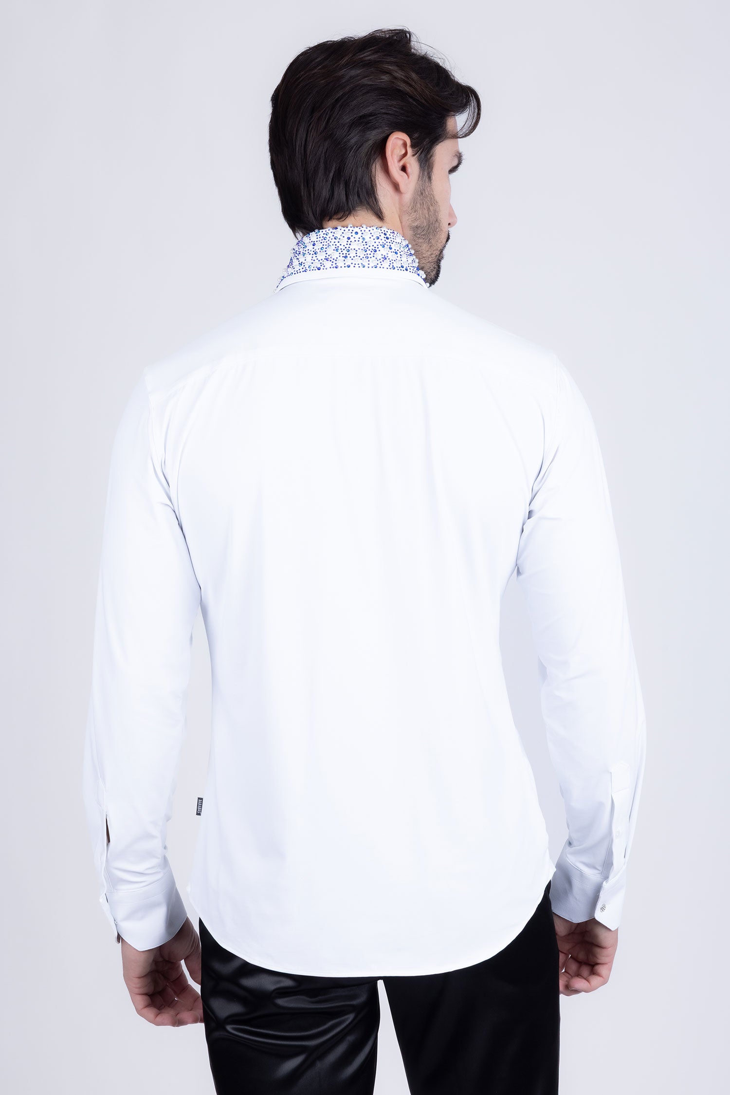 Barabas Men's Rhinestones Pearls Button Down Long Sleeve Shirts 4BR413 White Blue