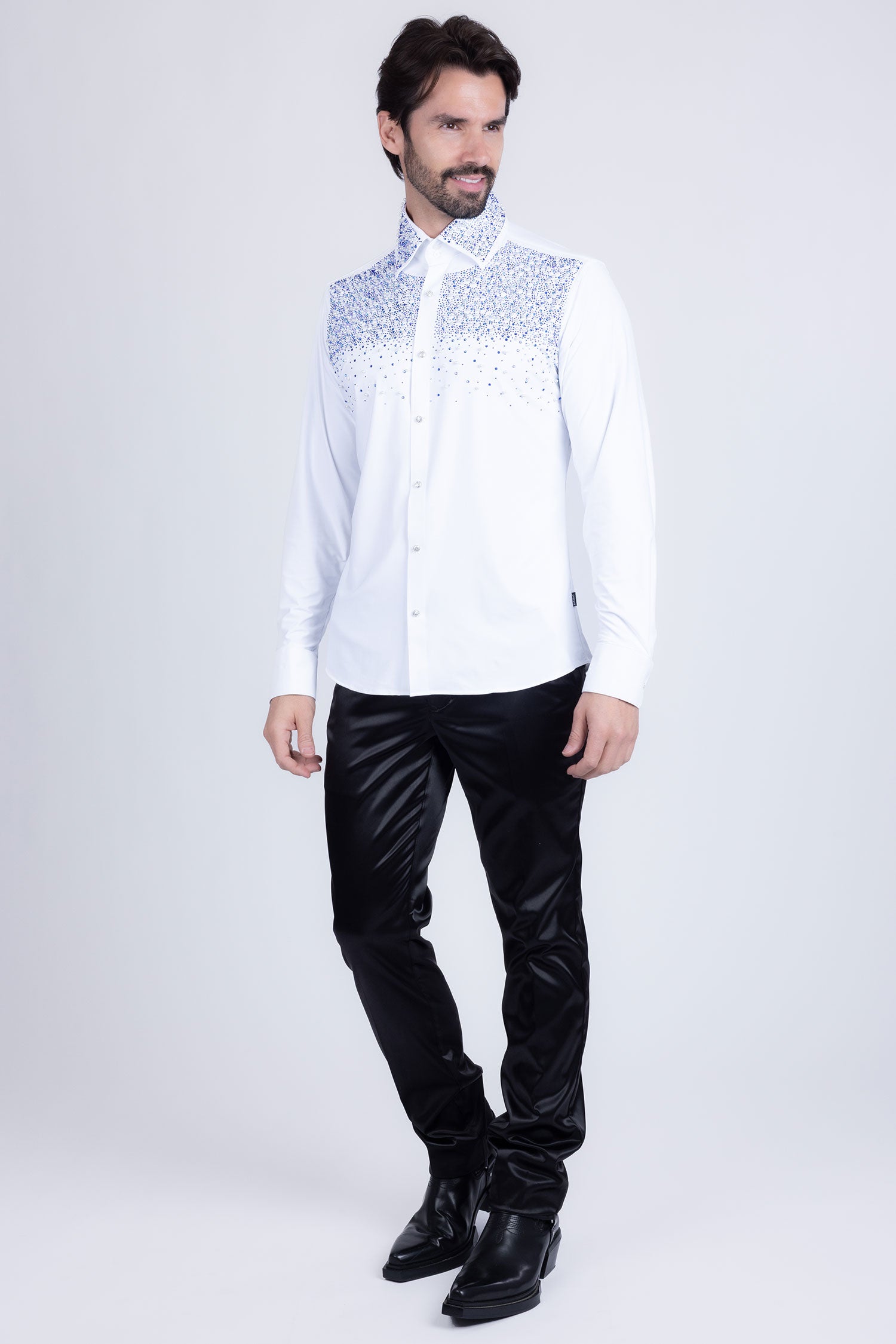 Barabas Men's Rhinestones Pearls Button Down Long Sleeve Shirts 4BR413 White Blue