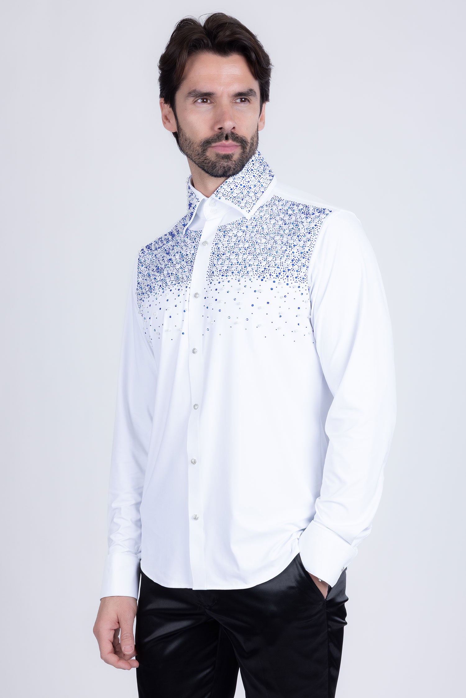 Barabas Men's Rhinestones Pearls Button Down Long Sleeve Shirts 4BR413 White Blue
