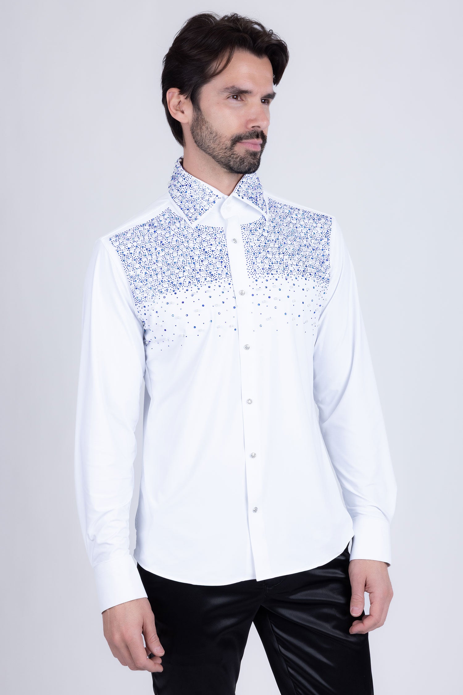 Barabas Men's Rhinestones Pearls Button Down Long Sleeve Shirts 4BR413 White Blue