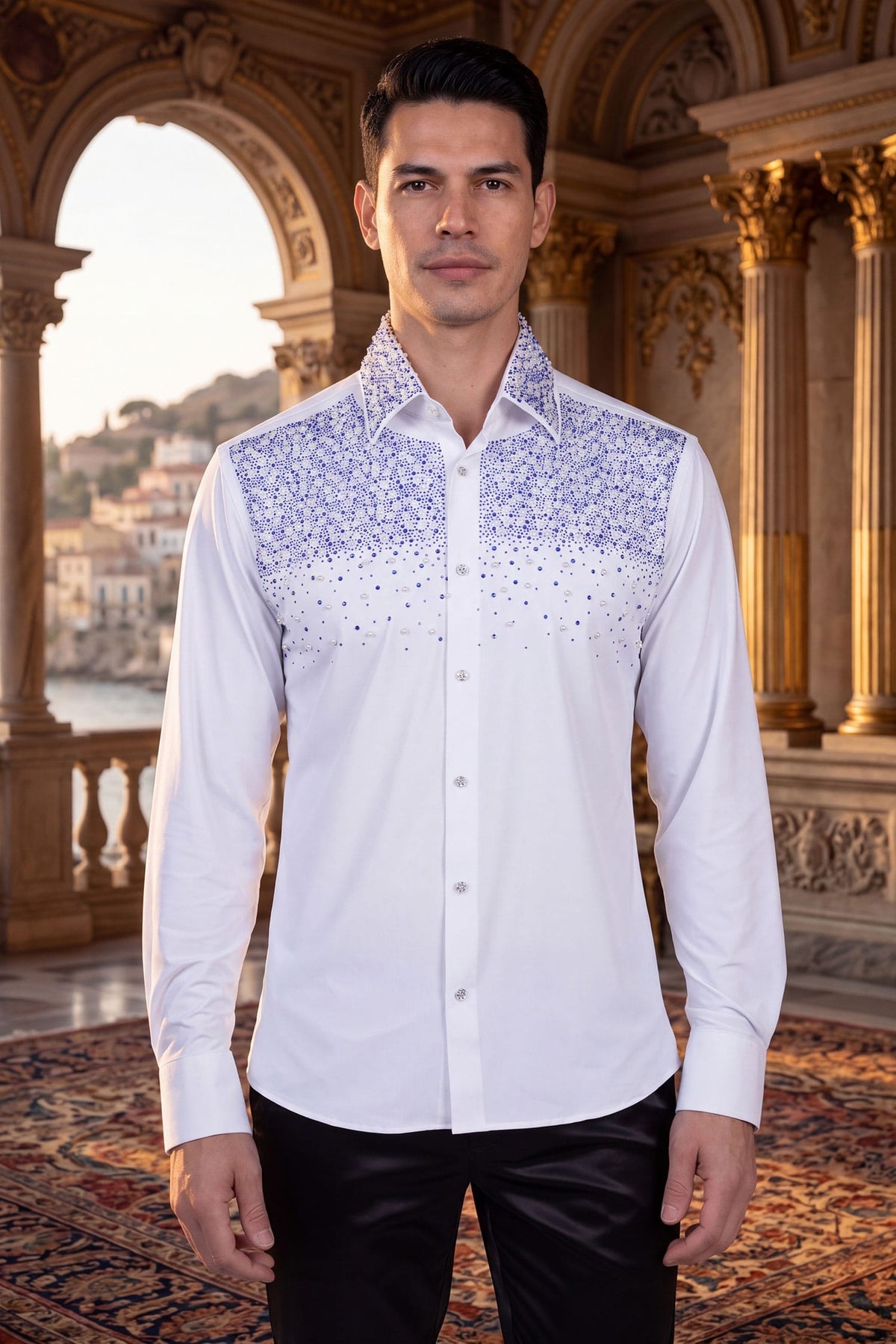 Barabas Men's Rhinestones Pearls Button Down Long Sleeve Shirts 4BR413 White Blue
