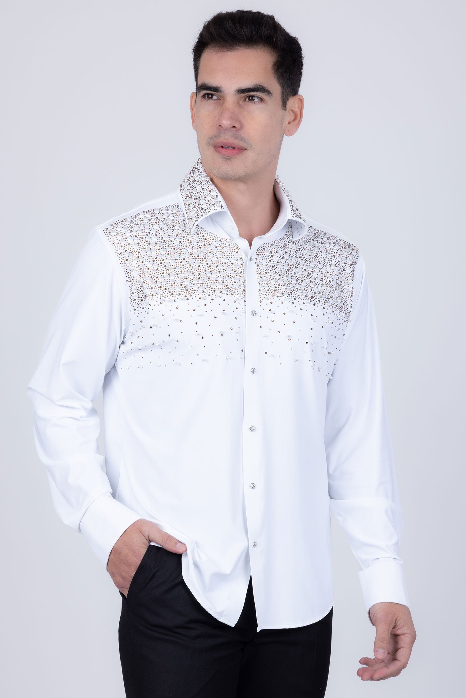 Barabas Men's Rhinestones Pearls Button Down Long Sleeve Shirts 4BR413 White Gold