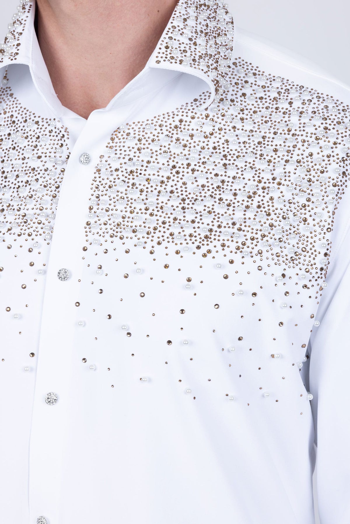 Barabas Men's Rhinestones Pearls Button Down Long Sleeve Shirts 4BR413 White Gold