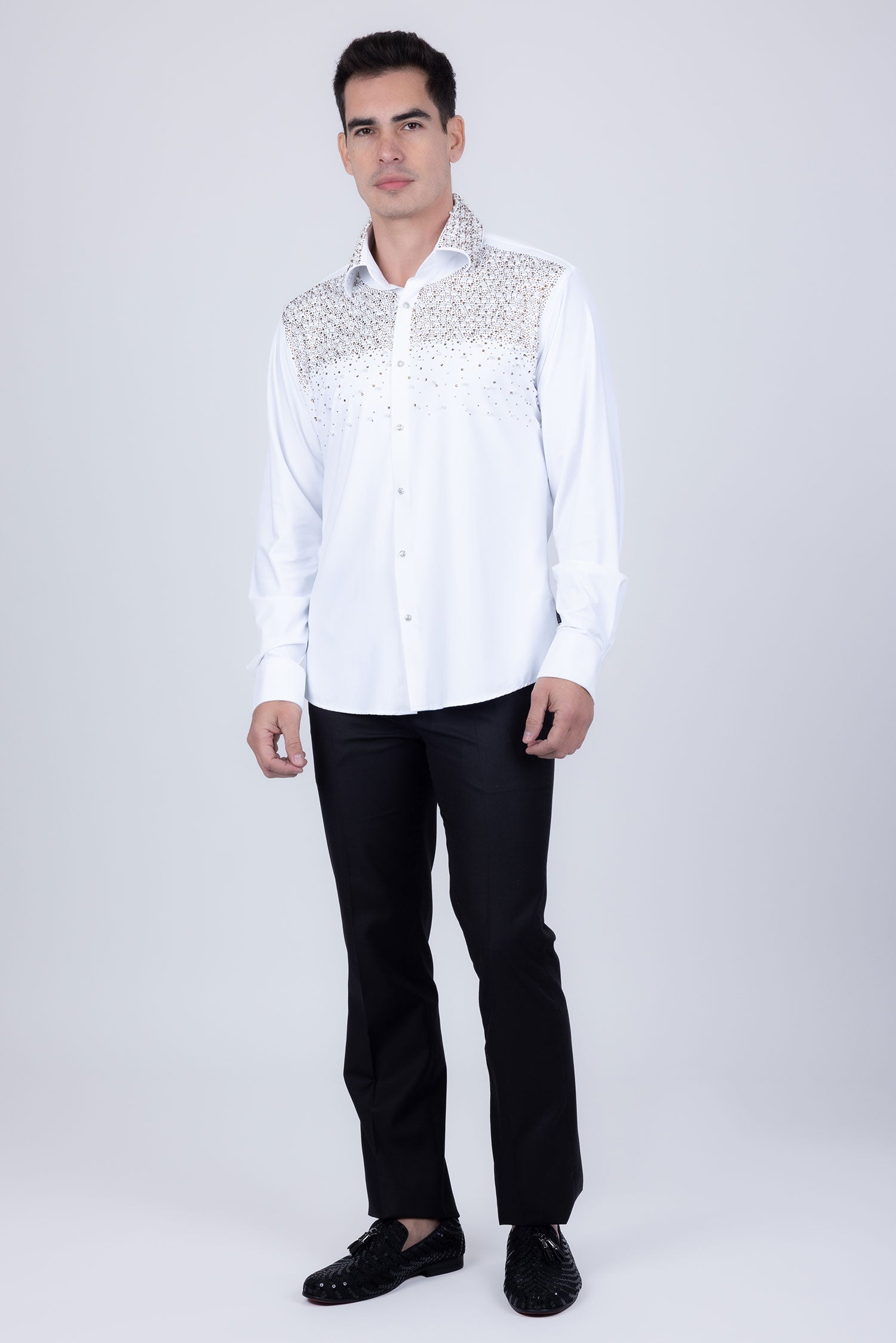 Barabas Men's Rhinestones Pearls Button Down Long Sleeve Shirts 4BR413 White Gold
