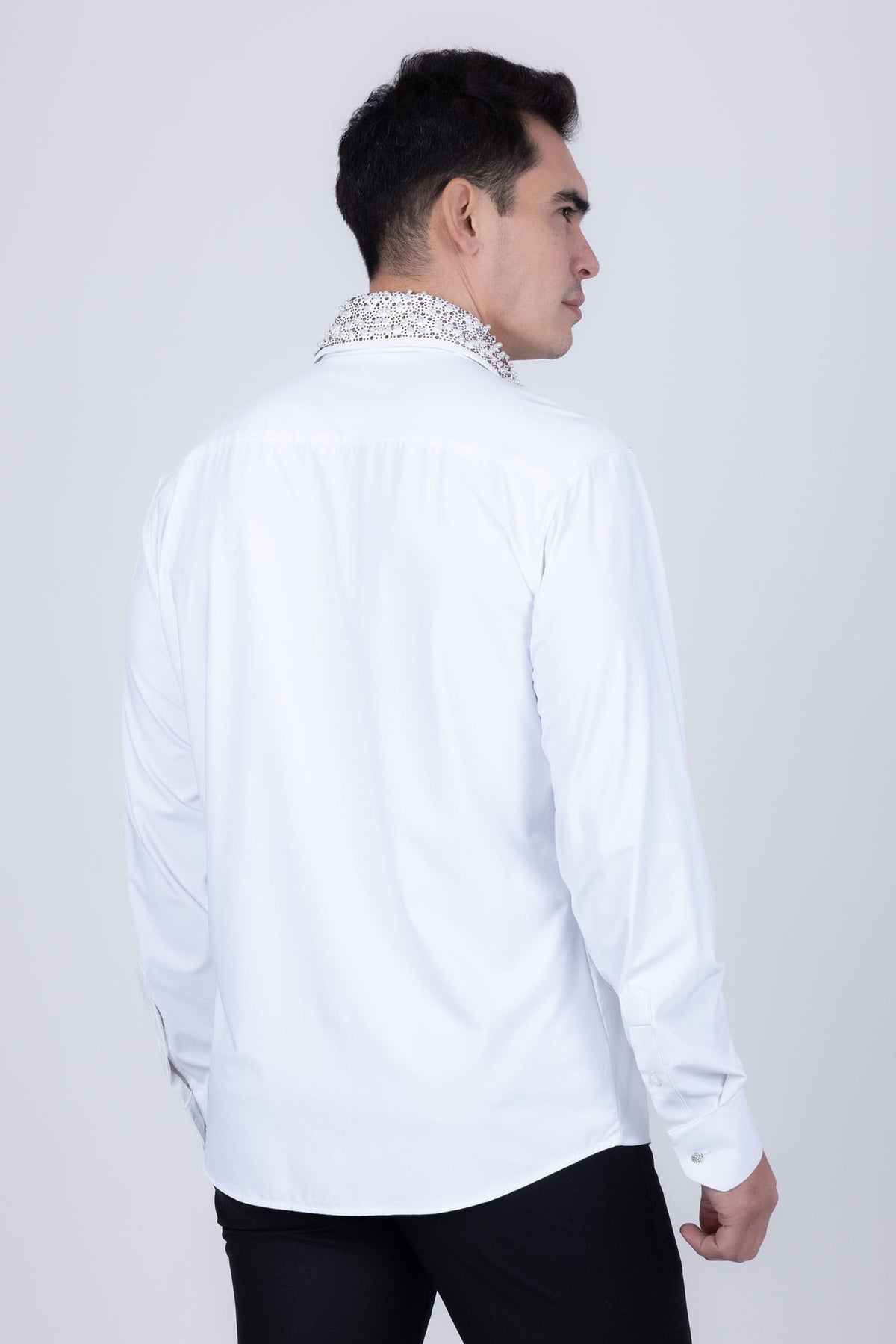 Barabas Men's Rhinestones Pearls Button Down Long Sleeve Shirts 4BR413 White Gold