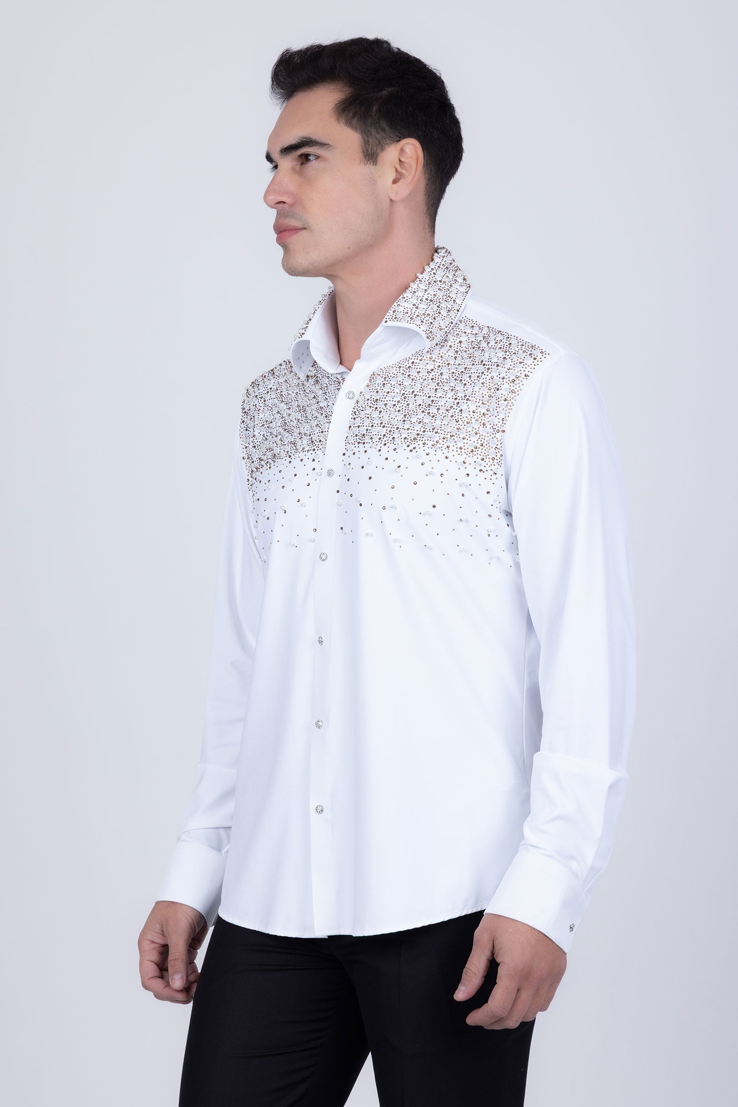 Barabas Men's Rhinestones Pearls Button Down Long Sleeve Shirts 4BR413 White Gold