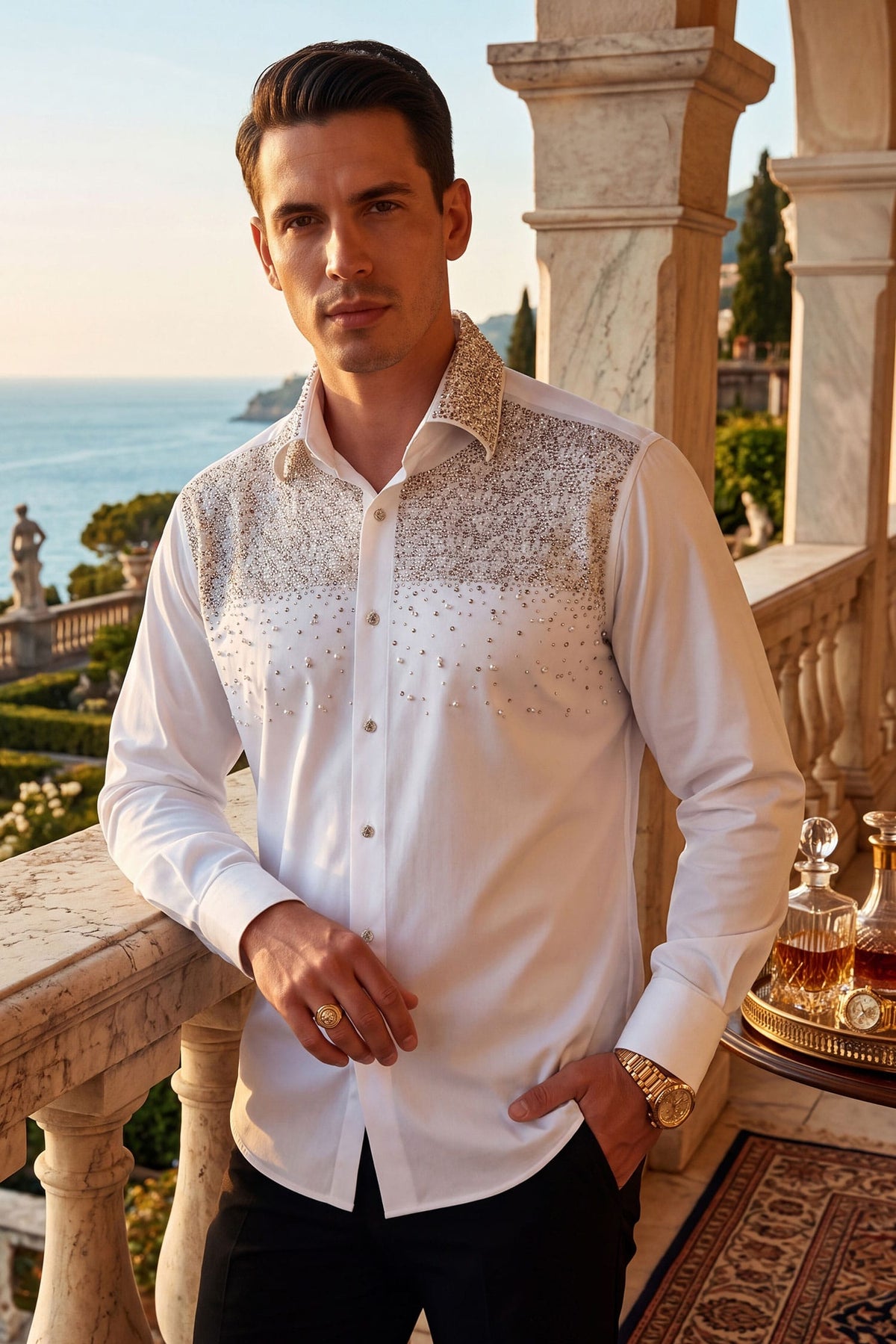 Barabas Men's Rhinestones Pearls Button Down Long Sleeve Shirts 4BR413 White Gold