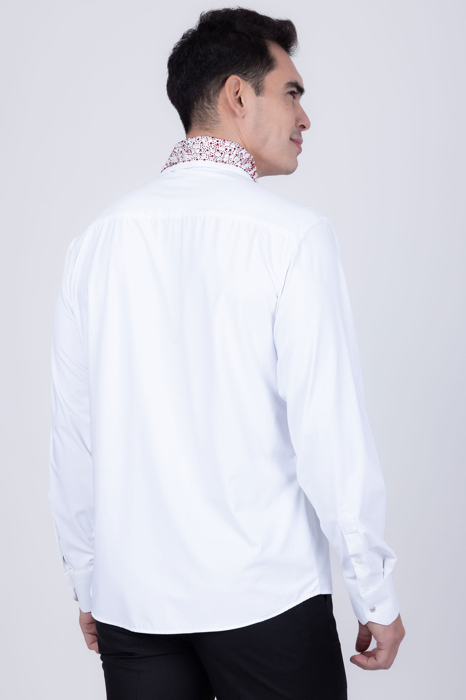 Barabas Men's Rhinestones Pearls Button Down Long Sleeve Shirts 4BR413 White Red